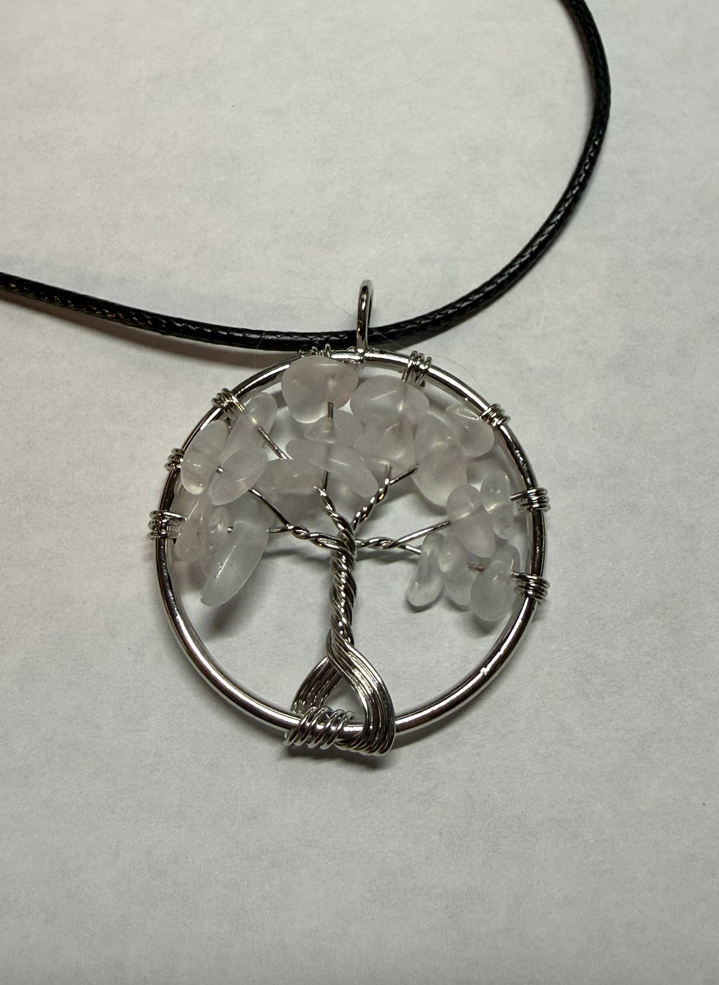 White Natural Agate Tree of Life Circle Necklace on 18" Faux Leather Cord – Boho Spiritual Pendant Gift