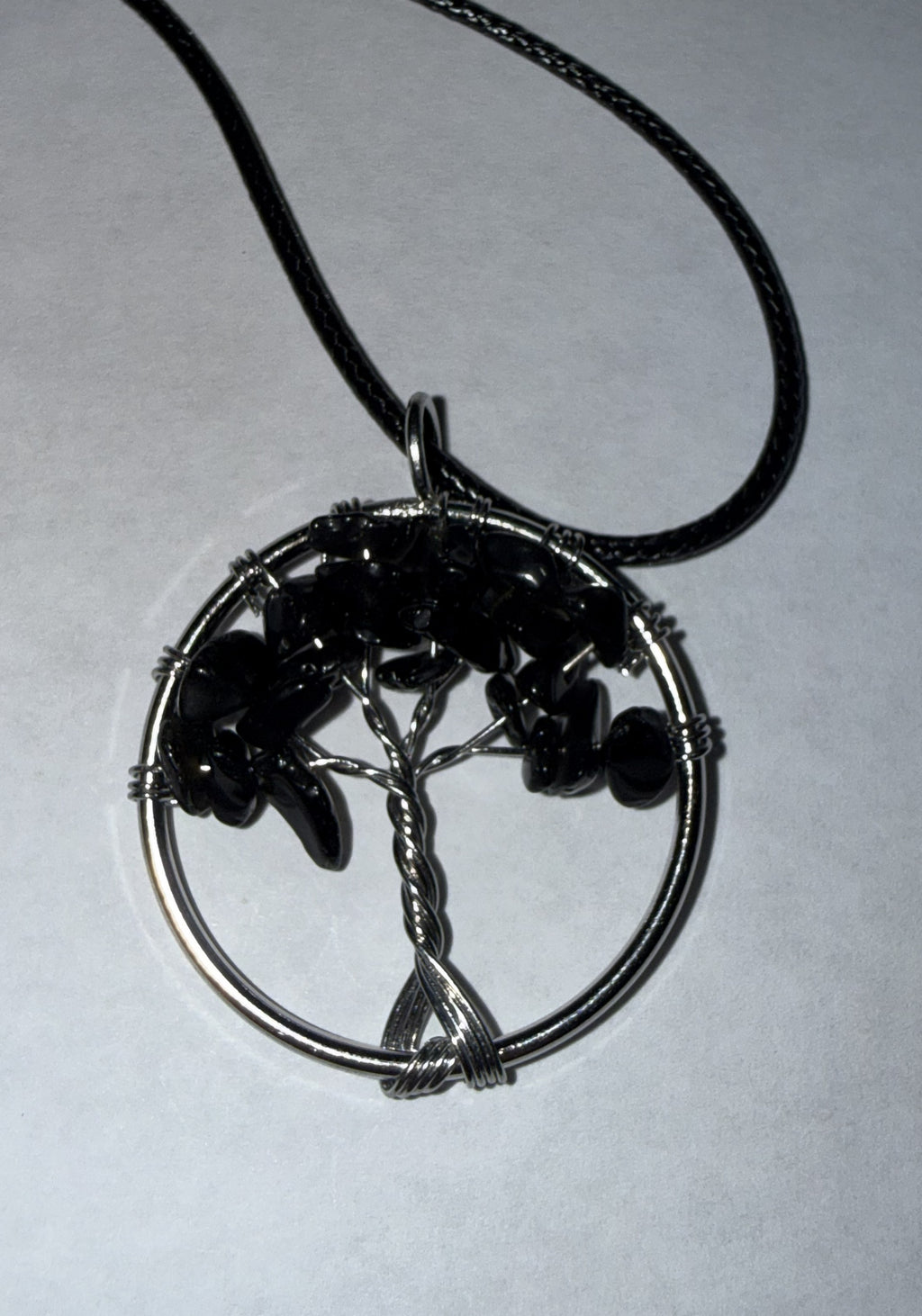 Black Natural Agate Tree of Life Circle Necklace on 18" Faux Leather Cord – Boho Spiritual Pendant Gift
