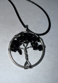 Black Natural Agate Tree of Life Circle Necklace on 18" Faux Leather Cord – Boho Spiritual Pendant Gift