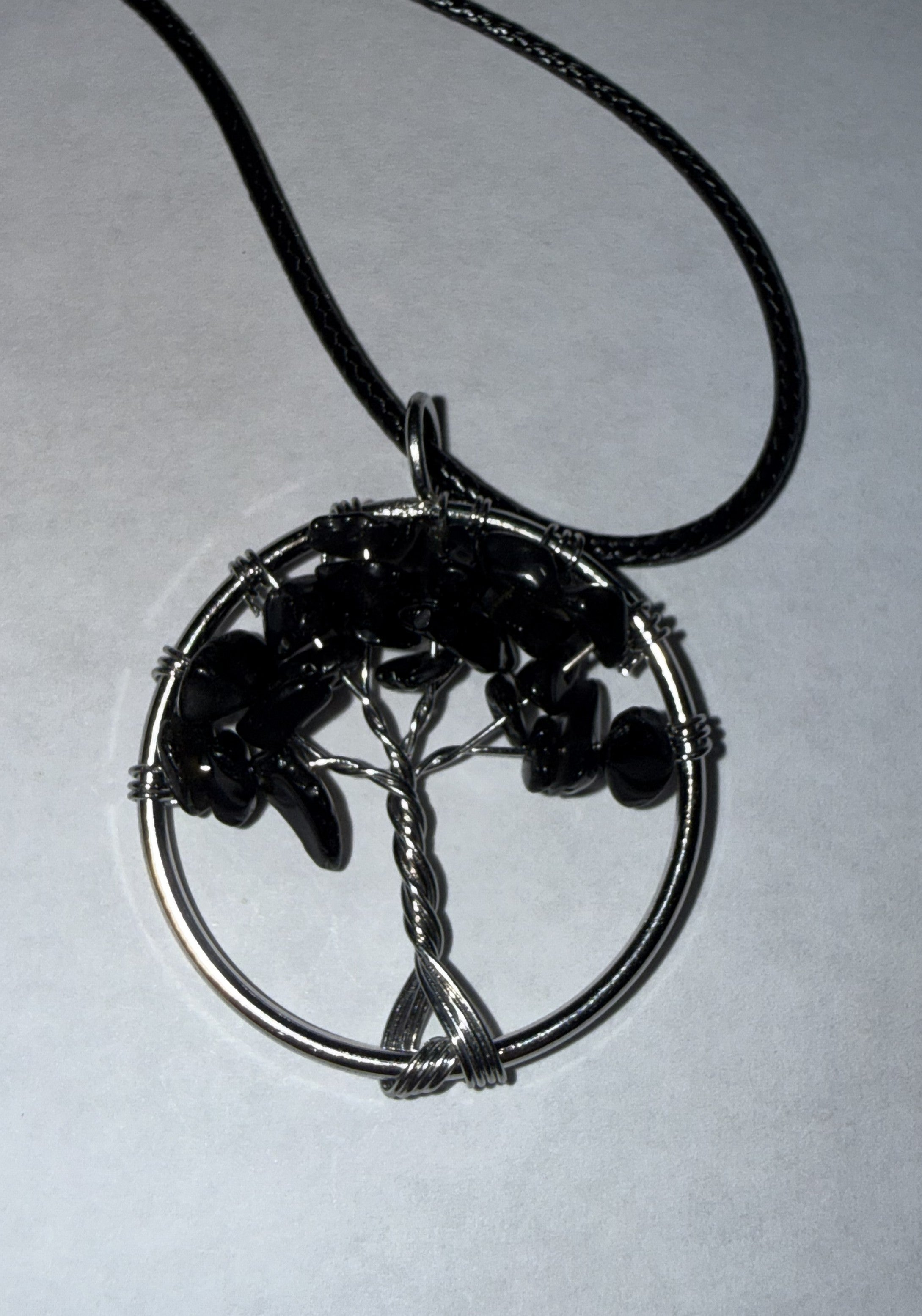 Black Natural Agate Tree of Life Circle Necklace on 18" Faux Leather Cord – Boho Spiritual Pendant Gift