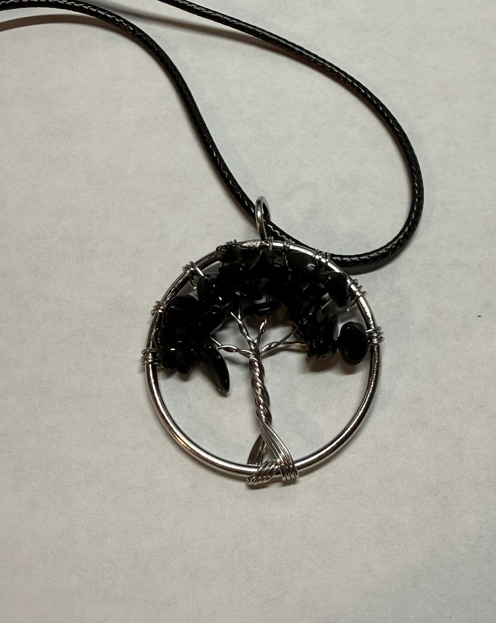 Black Natural Agate Tree of Life Circle Necklace on 18" Faux Leather Cord – Boho Spiritual Pendant Gift