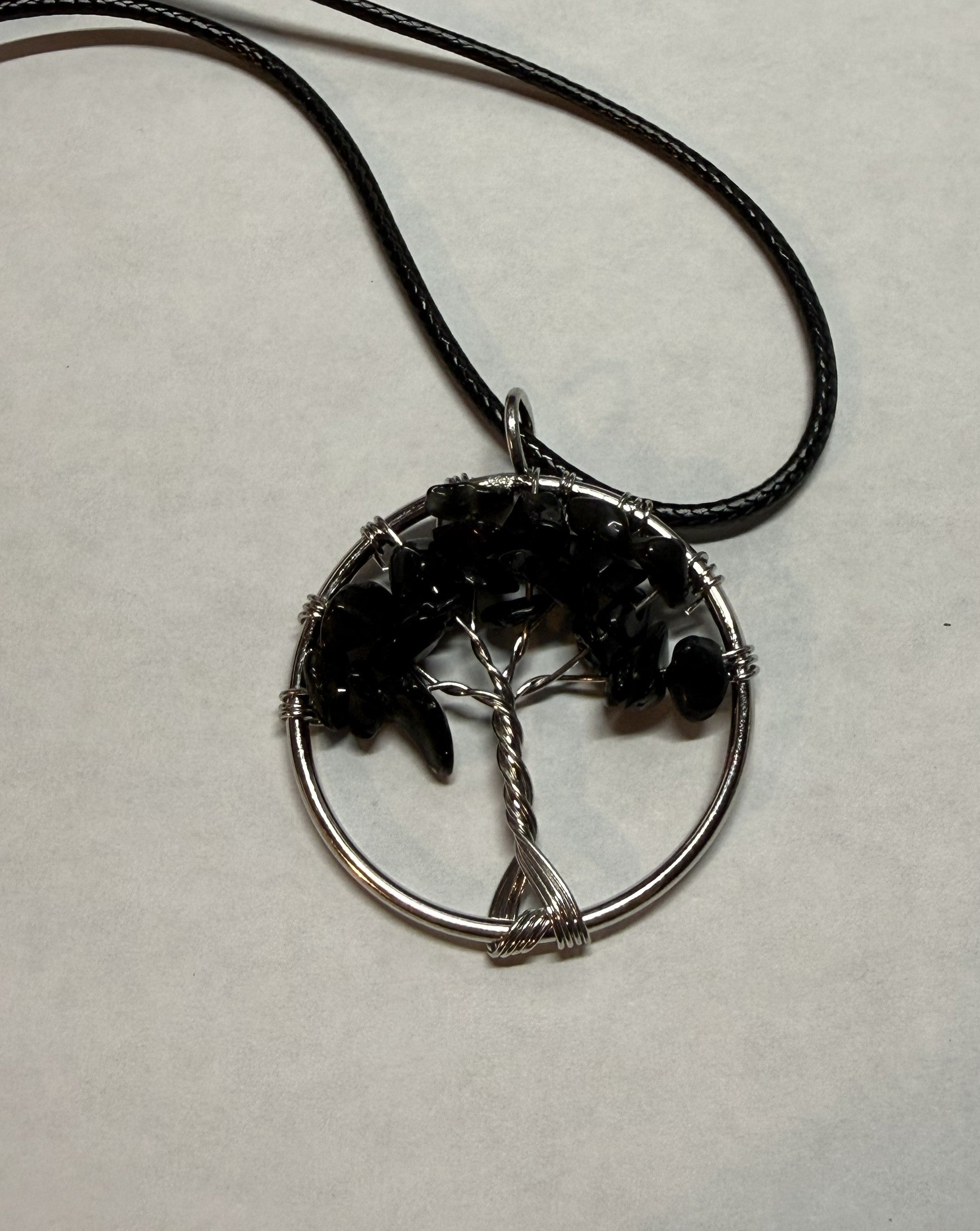 Black Natural Agate Tree of Life Circle Necklace on 18" Faux Leather Cord – Boho Spiritual Pendant Gift