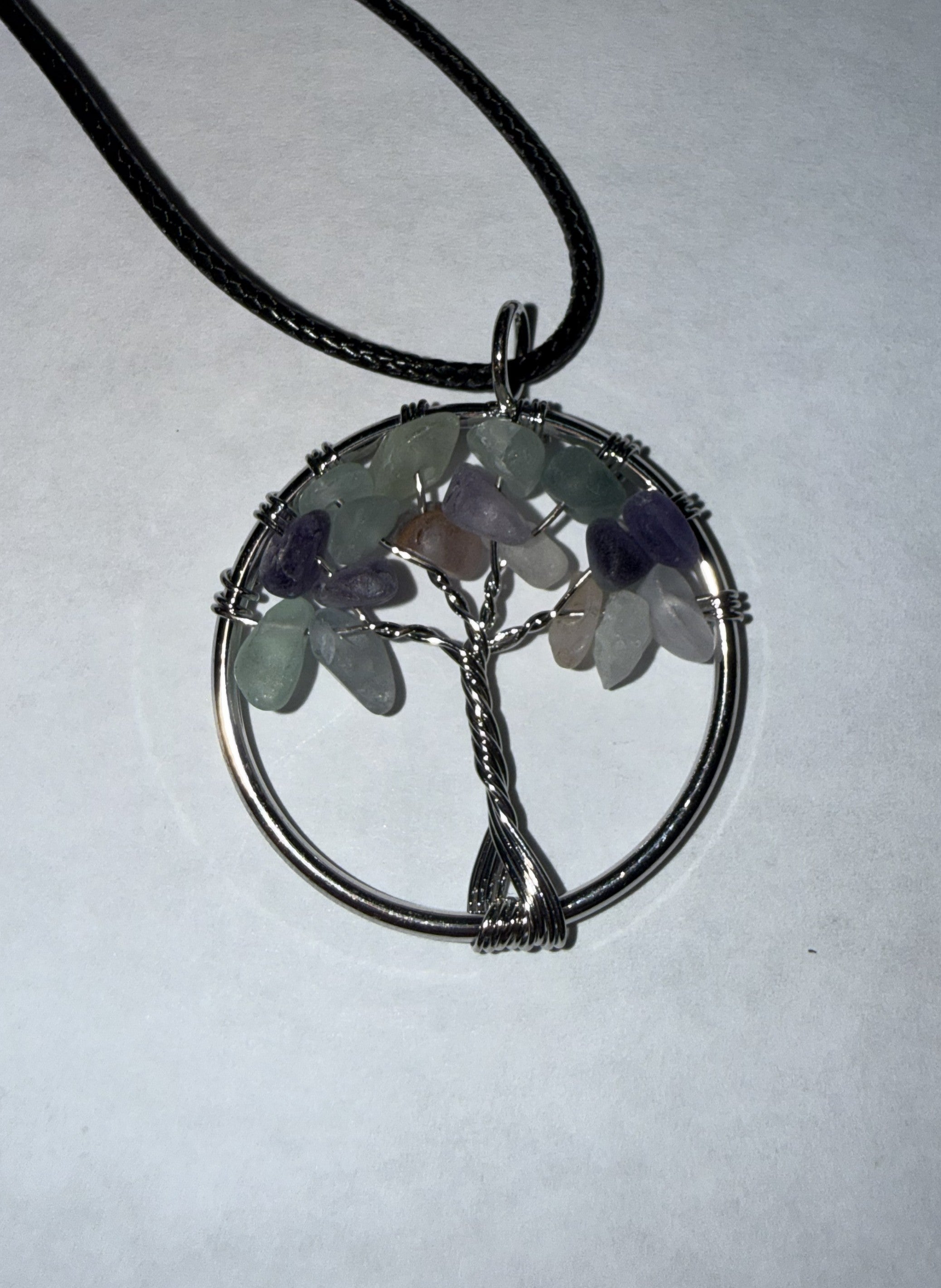 Teal and Purple Natural Agate Tree of Life Circle Necklace on 18" Faux Leather Cord – Boho Spiritual Pendant Gift