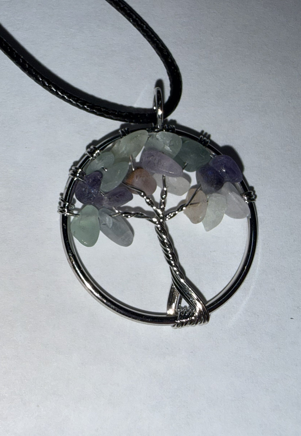 Teal and Purple Natural Agate Tree of Life Circle Necklace on 18" Faux Leather Cord – Boho Spiritual Pendant Gift