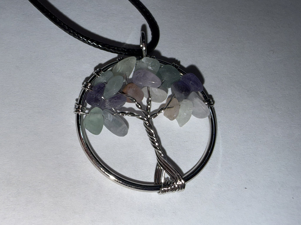 Teal and Purple Natural Agate Tree of Life Circle Necklace on 18" Faux Leather Cord – Boho Spiritual Pendant Gift
