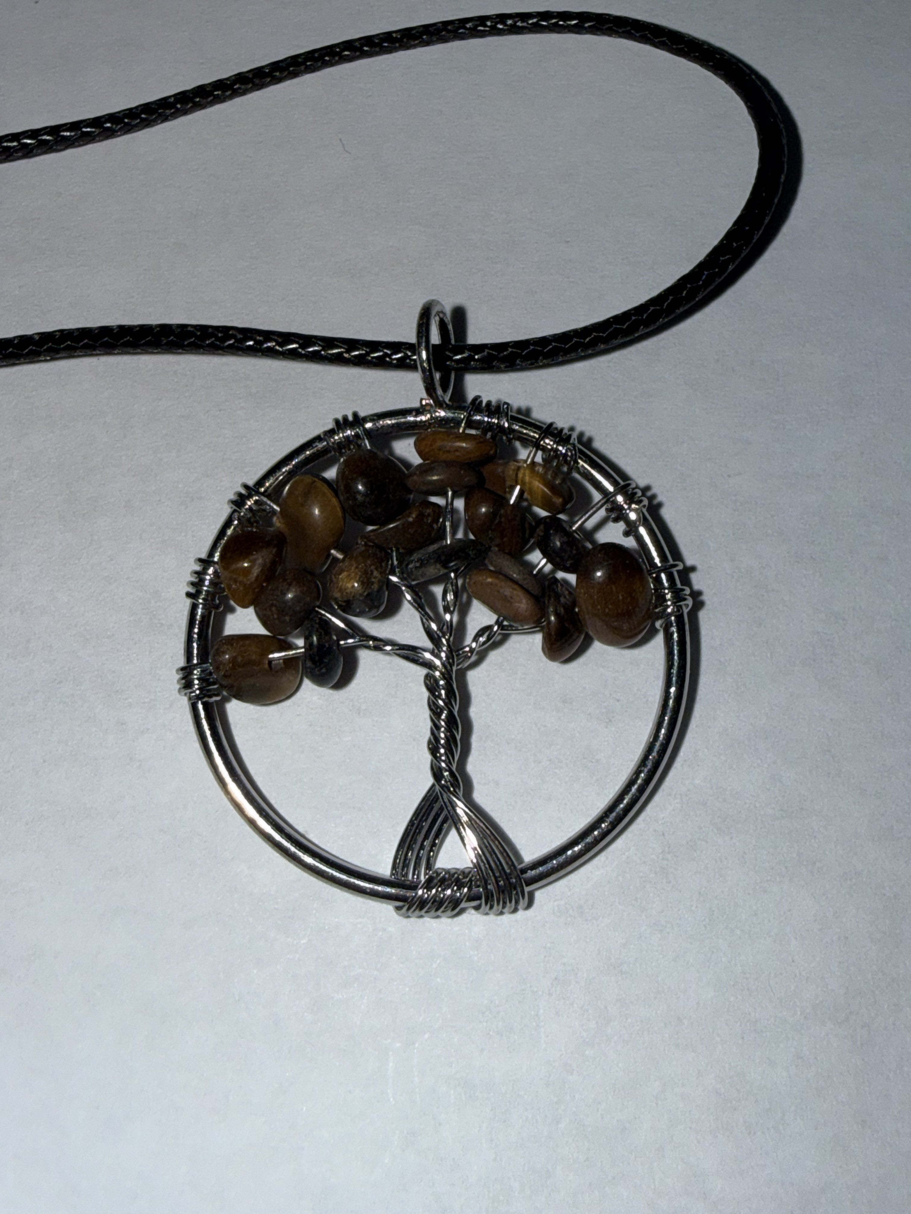 Brown Natural Agate Tree of Life Circle Necklace on 18" Faux Leather Cord – Boho Spiritual Pendant Gift