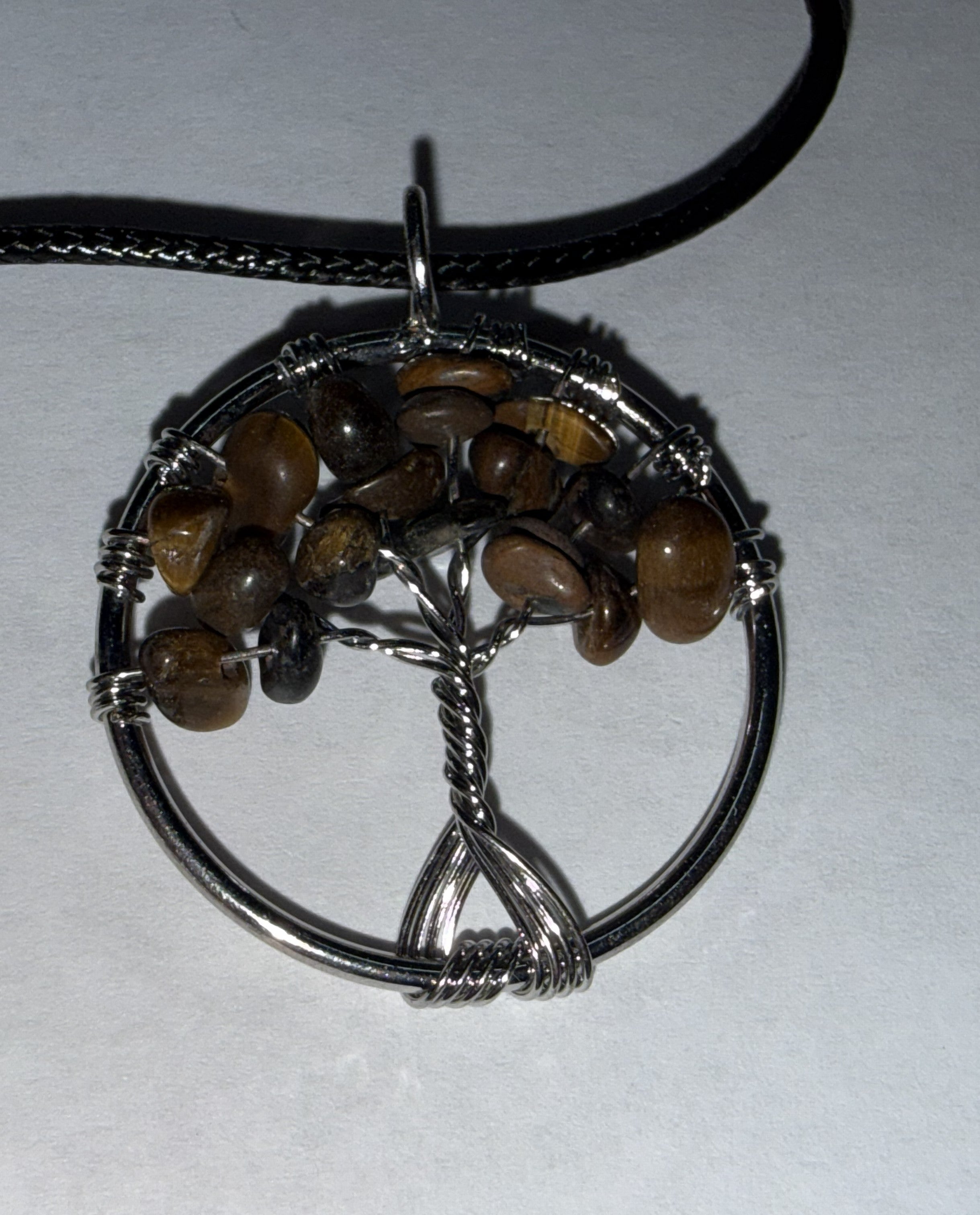 Brown Natural Agate Tree of Life Circle Necklace on 18" Faux Leather Cord – Boho Spiritual Pendant Gift