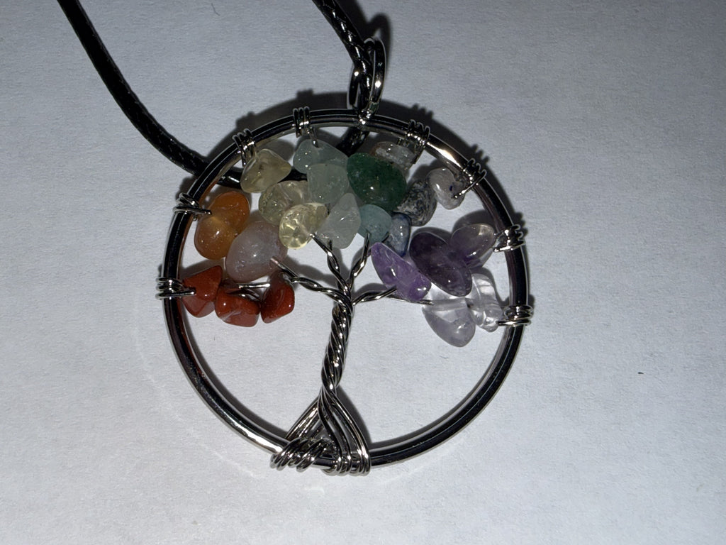 Rainbow Natural Agate Tree of Life Circle Necklace on 18" Faux Leather Cord – Boho Spiritual Pendant Gift