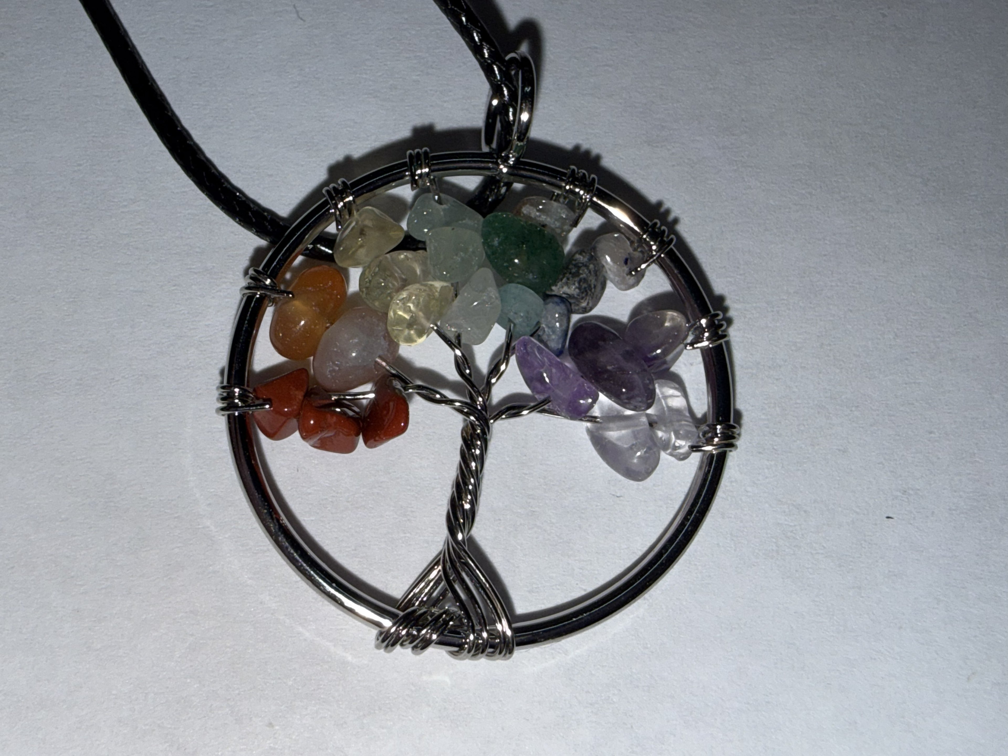 Rainbow Natural Agate Tree of Life Circle Necklace on 18" Faux Leather Cord – Boho Spiritual Pendant Gift