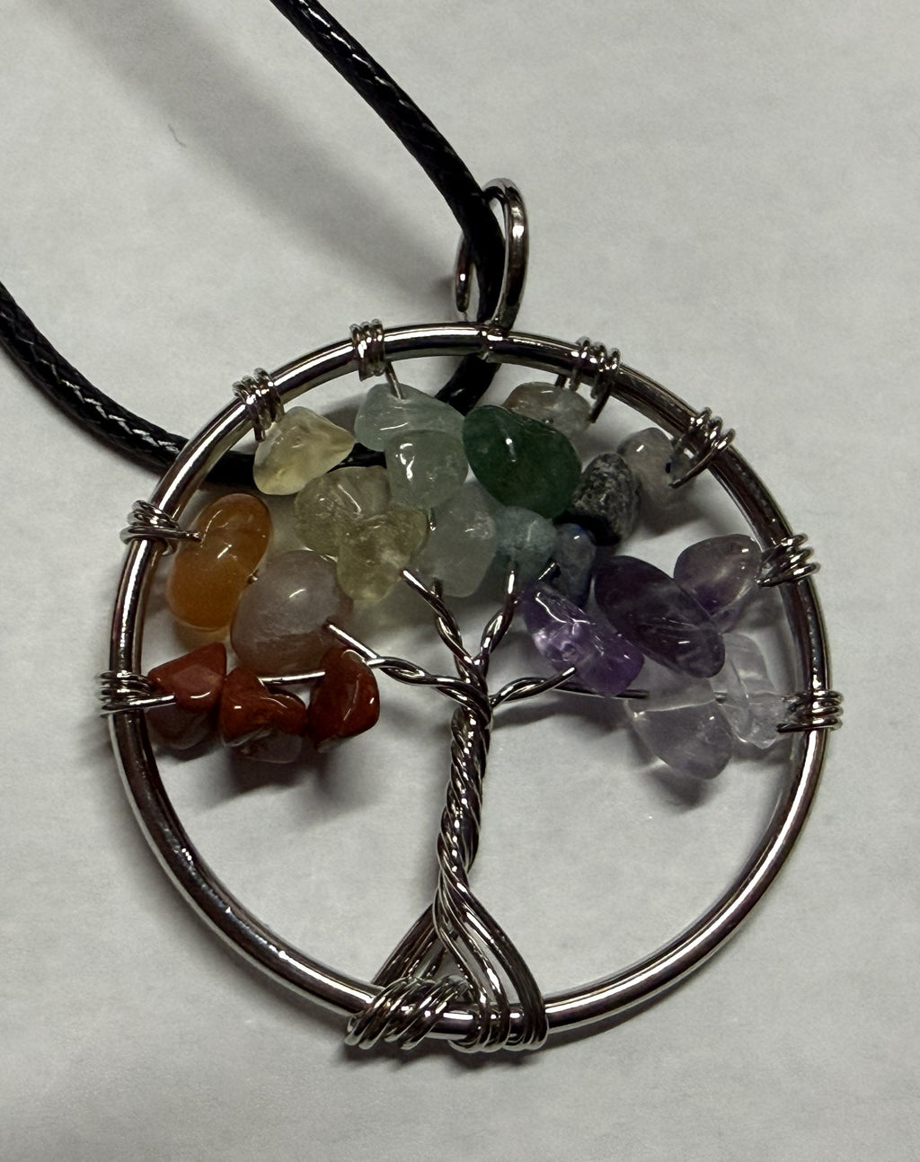 Rainbow Natural Agate Tree of Life Circle Necklace on 18" Faux Leather Cord – Boho Spiritual Pendant Gift