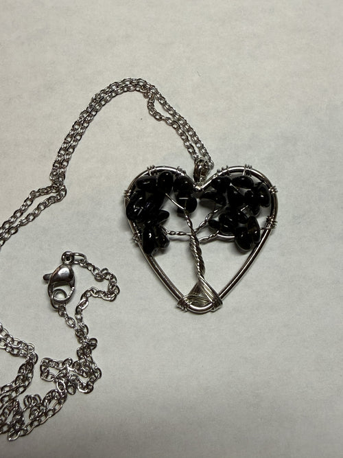 Black Natural Agate Tree of Life Heart Necklace on 18" Silver plated Necklace – Boho Spiritual Pendant Gift