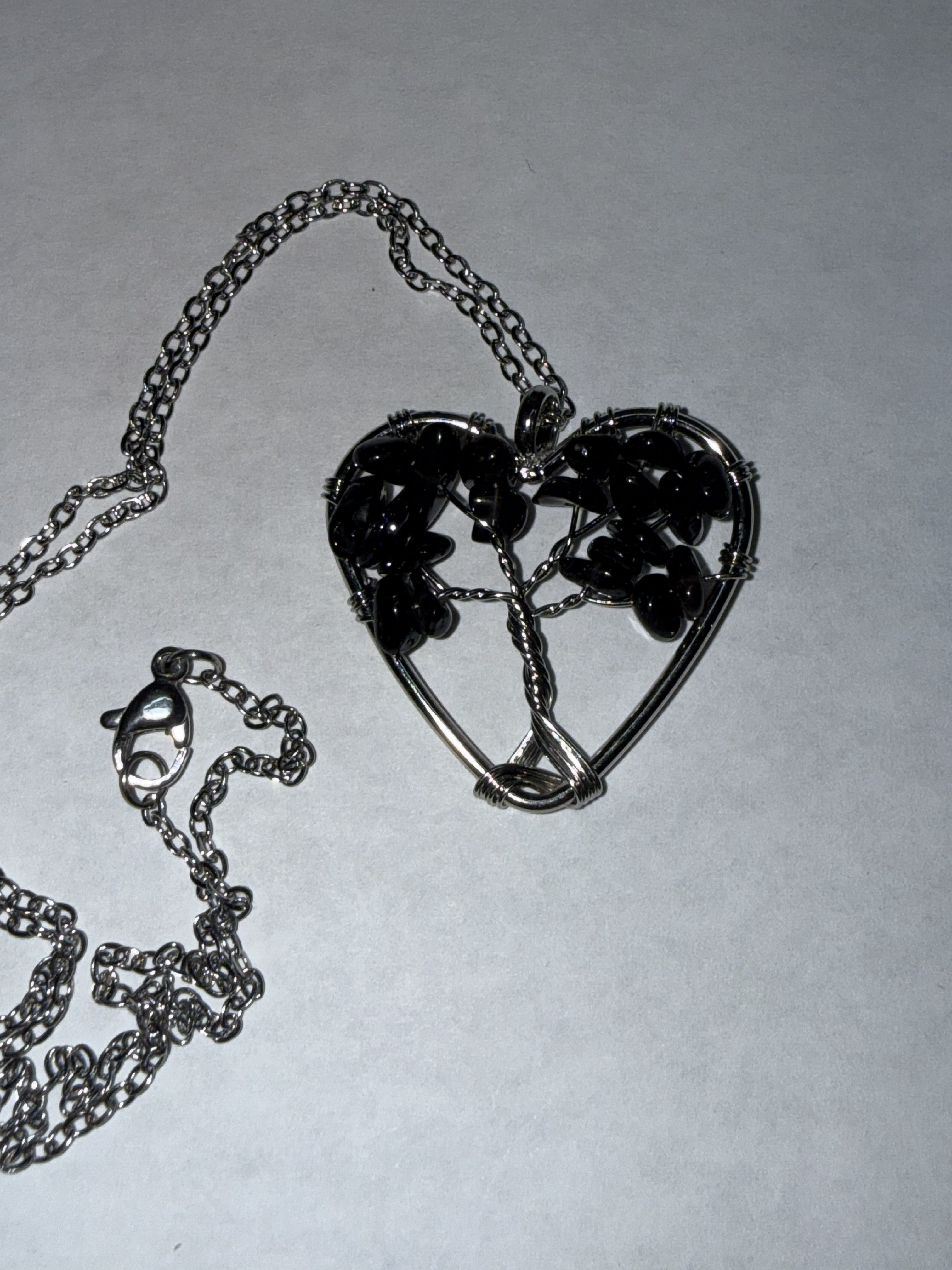 Black Natural Agate Tree of Life Heart Necklace on 18" Silver plated Necklace – Boho Spiritual Pendant Gift