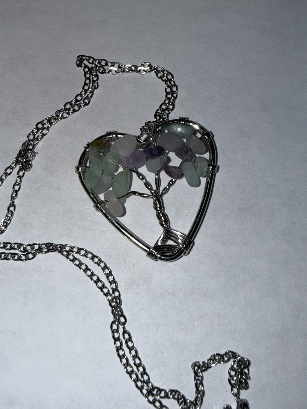 Teal and Purple Natural Agate Tree of Life Heart Necklace on 18" Silver plated Necklace – Boho Spiritual Pendant Gift