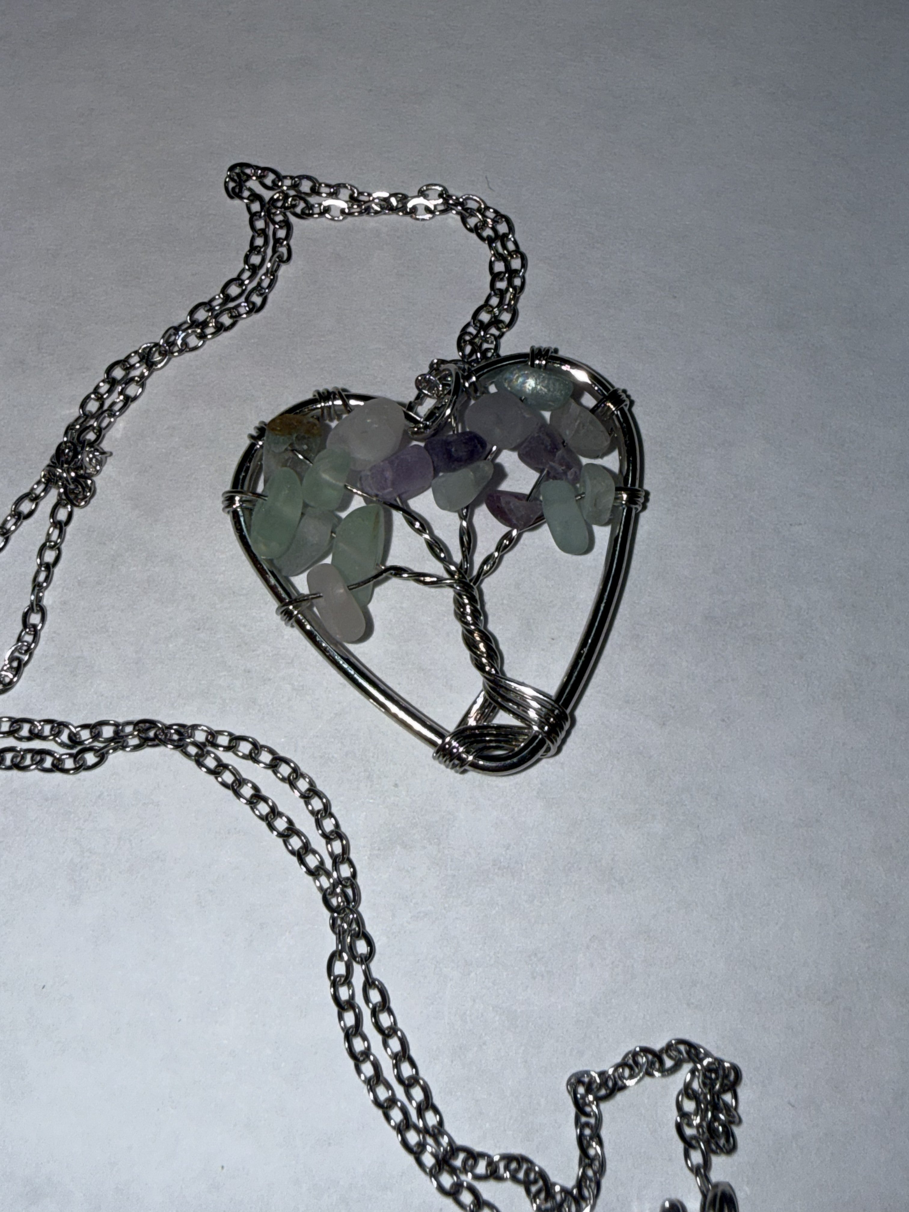 Teal and Purple Natural Agate Tree of Life Heart Necklace on 18" Silver plated Necklace – Boho Spiritual Pendant Gift