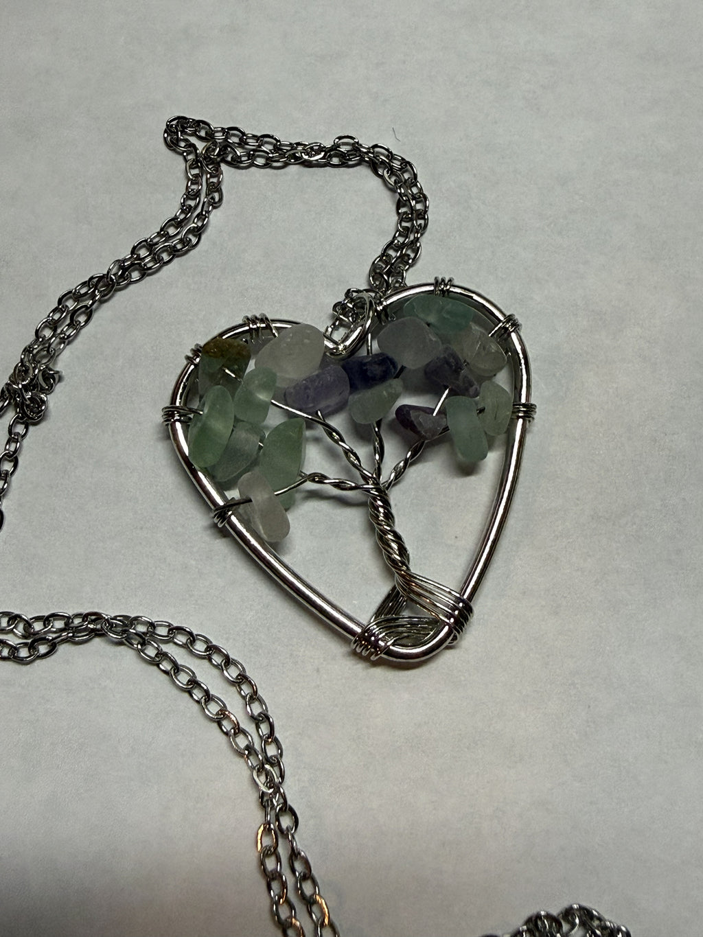 Teal and Purple Natural Agate Tree of Life Heart Necklace on 18" Silver plated Necklace – Boho Spiritual Pendant Gift