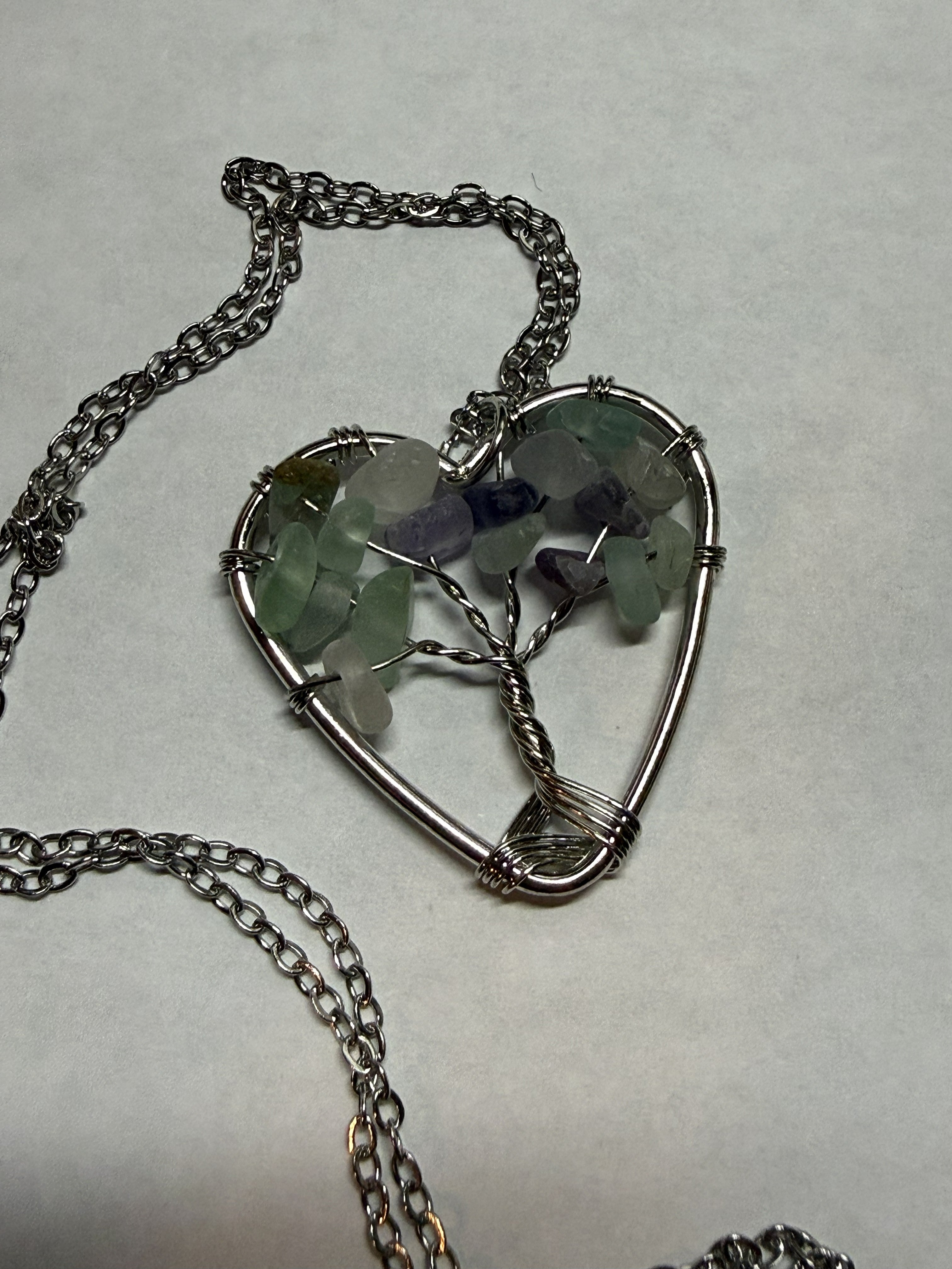Teal and Purple Natural Agate Tree of Life Heart Necklace on 18" Silver plated Necklace – Boho Spiritual Pendant Gift