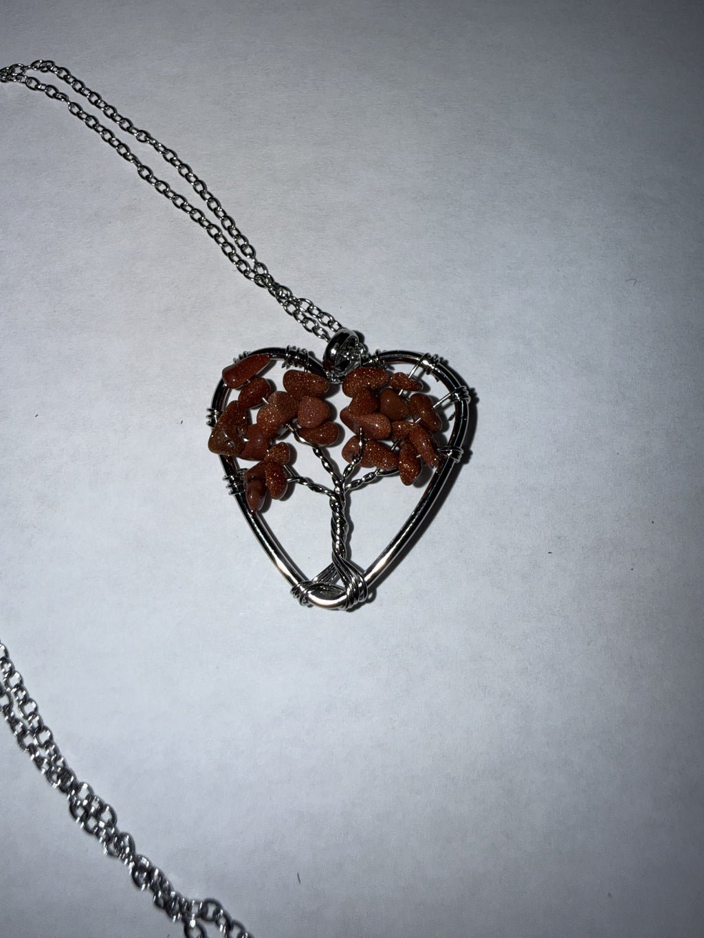 Brown with Copper Spots Natural Agate Tree of Life Heart Necklace on 18" Silver plated Necklace – Boho Spiritual Pendant Gift