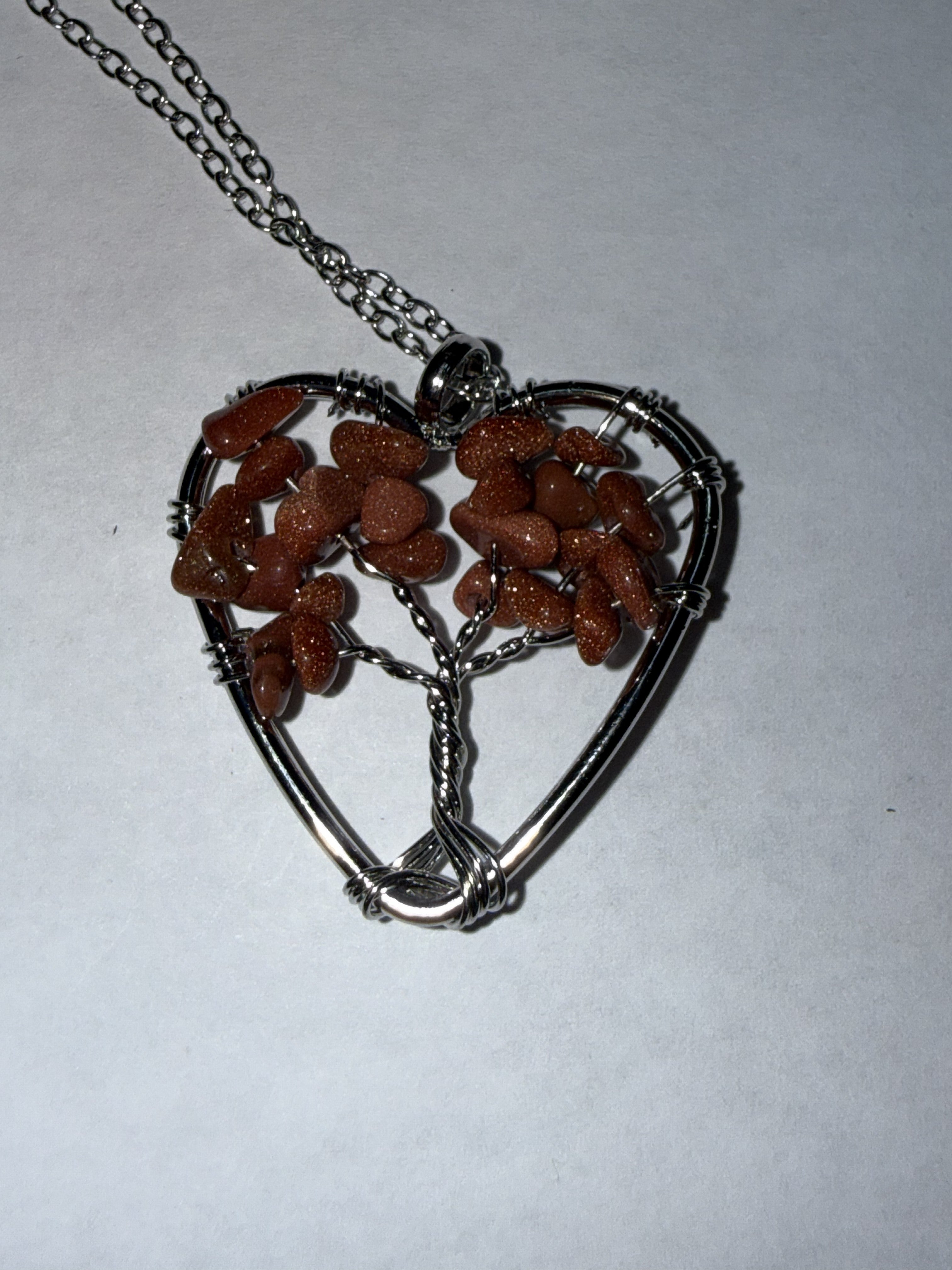 Brown with Copper Spots Natural Agate Tree of Life Heart Necklace on 18" Silver plated Necklace – Boho Spiritual Pendant Gift