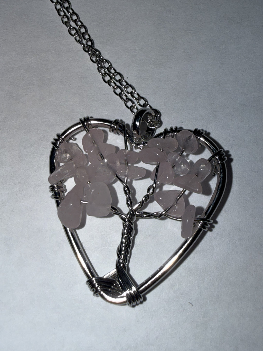 Pink Natural Agate Tree of Life Heart Necklace on 18" Silver plated Necklace – Boho Spiritual Pendant Gift