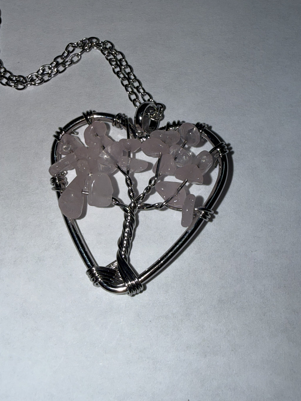 Pink Natural Agate Tree of Life Heart Necklace on 18" Silver plated Necklace – Boho Spiritual Pendant Gift