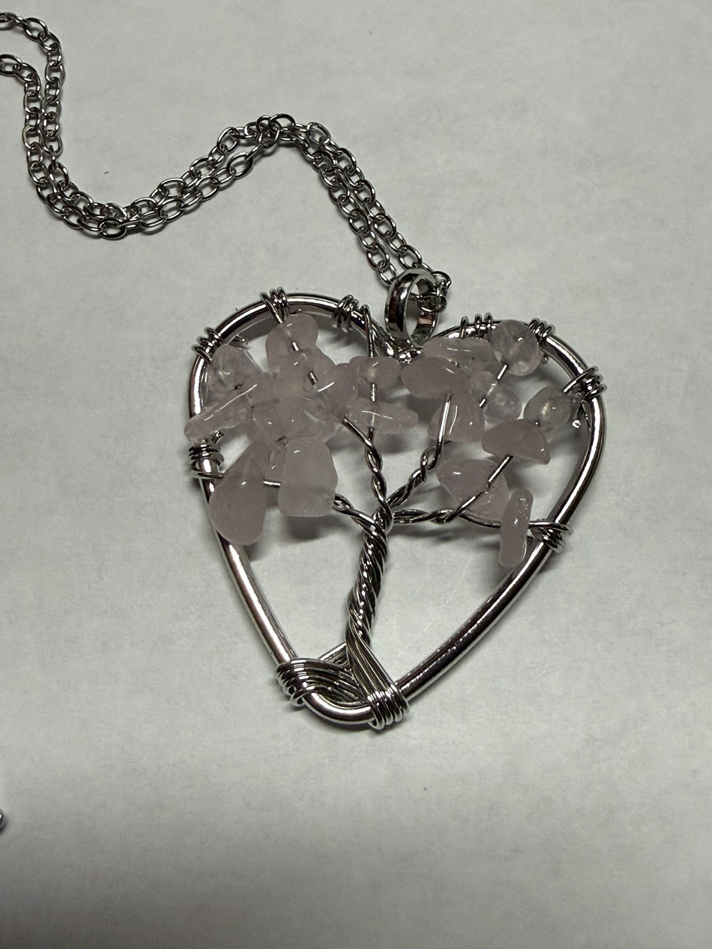 Pink Natural Agate Tree of Life Heart Necklace on 18" Silver plated Necklace – Boho Spiritual Pendant Gift