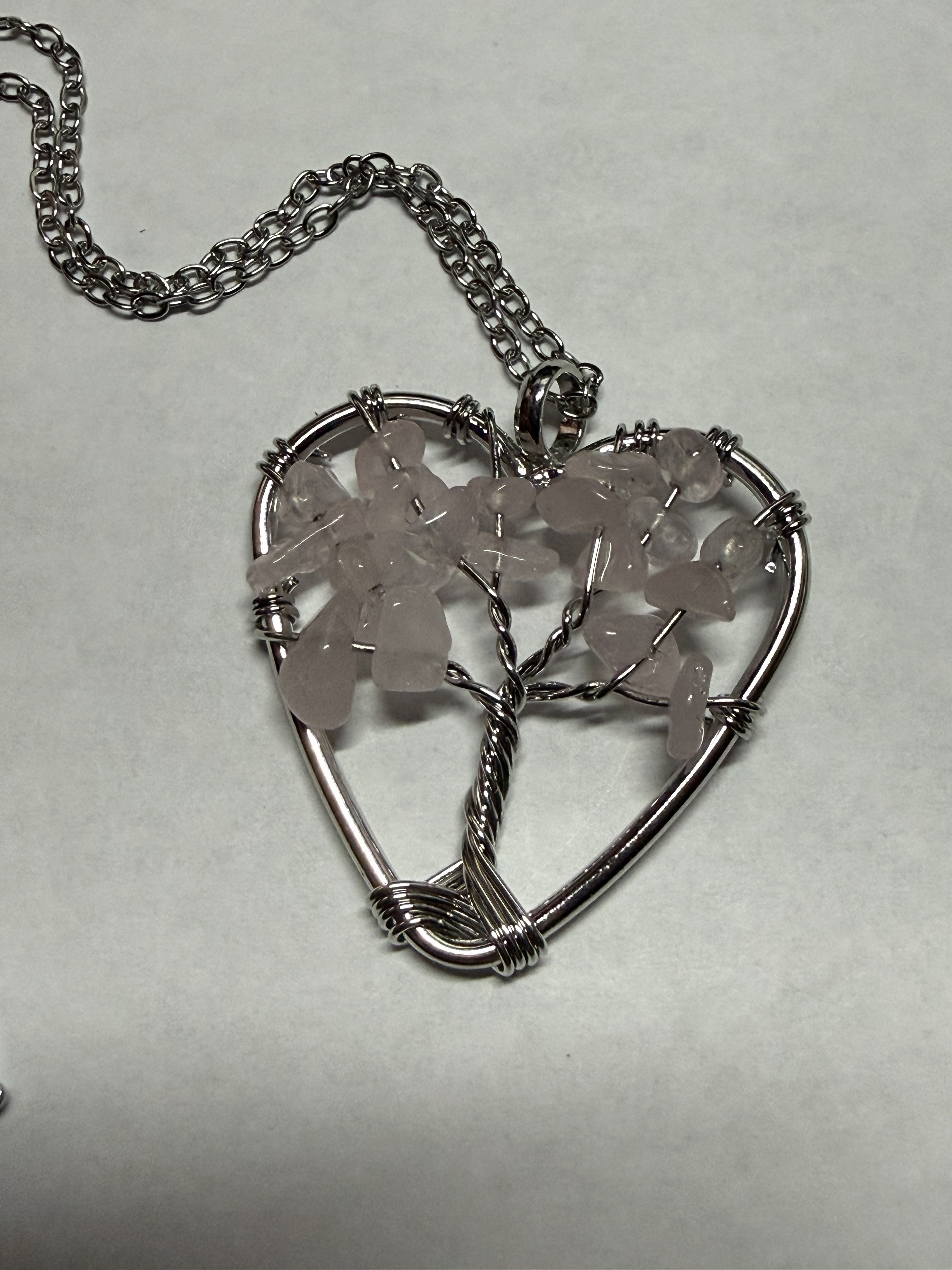Pink Natural Agate Tree of Life Heart Necklace on 18" Silver plated Necklace – Boho Spiritual Pendant Gift