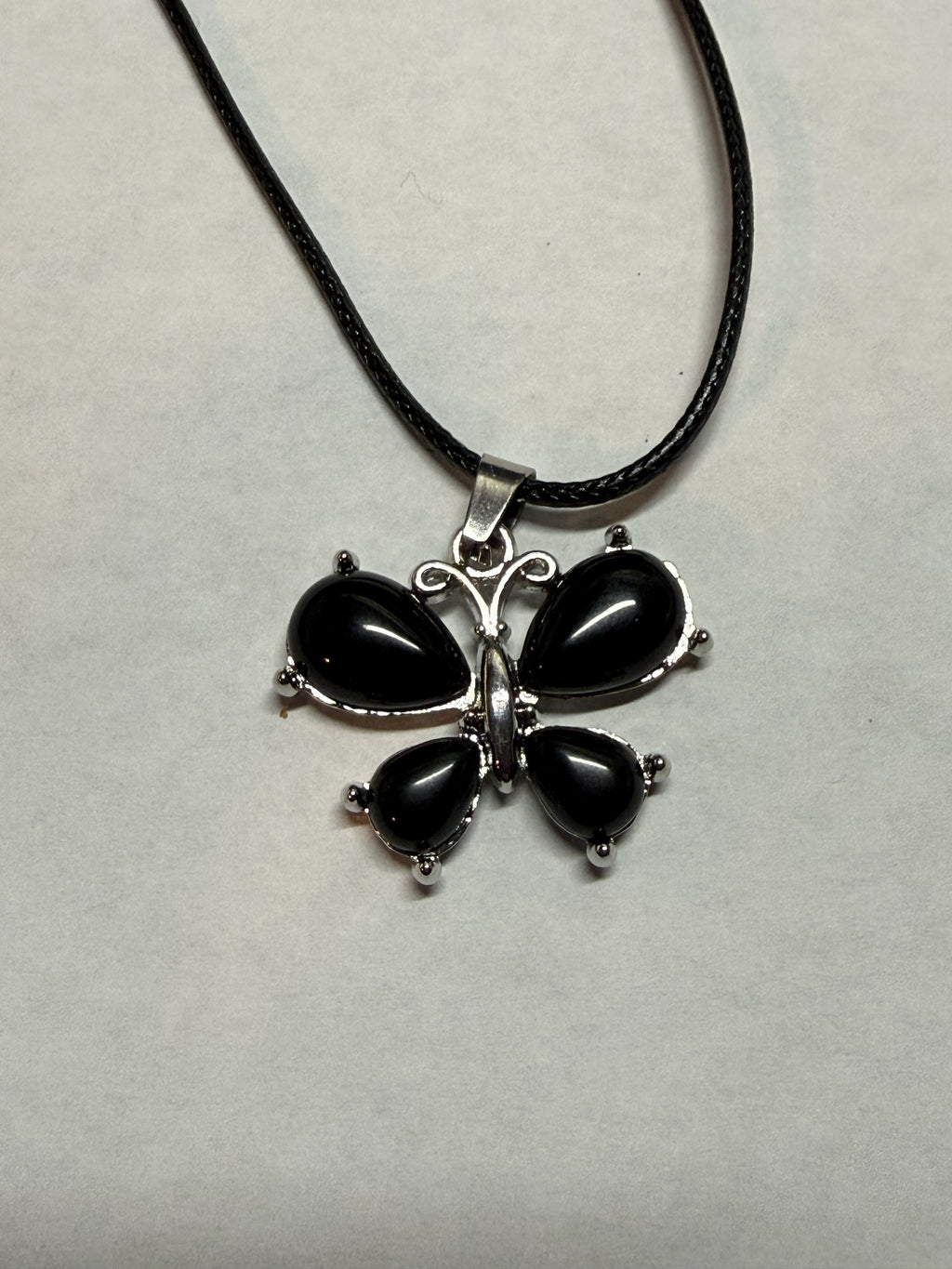 Black Onyx Butterfly Pendant Necklace on 18" Faux Leather Cord – Boho Pendant