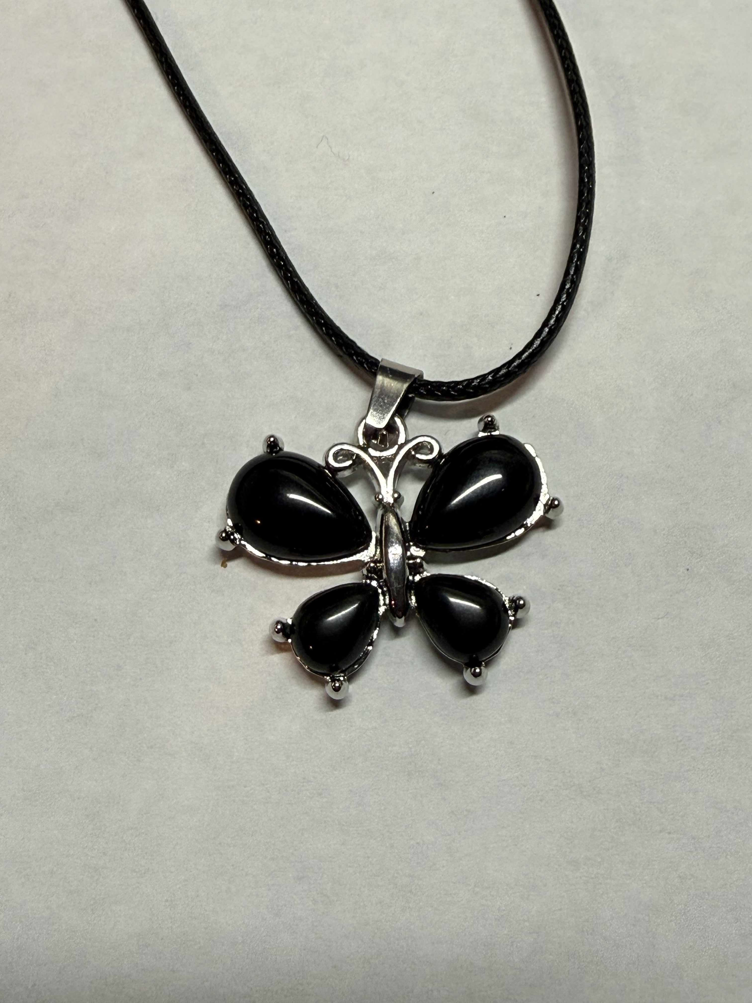 Black Onyx Butterfly Pendant Necklace on 18" Faux Leather Cord – Boho Pendant