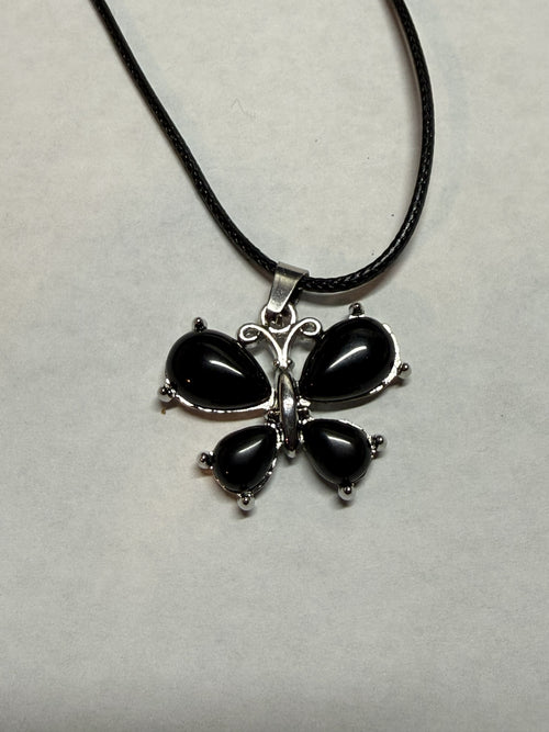 Black Onyx Butterfly Pendant Necklace on 18" Faux Leather Cord – Boho Pendant