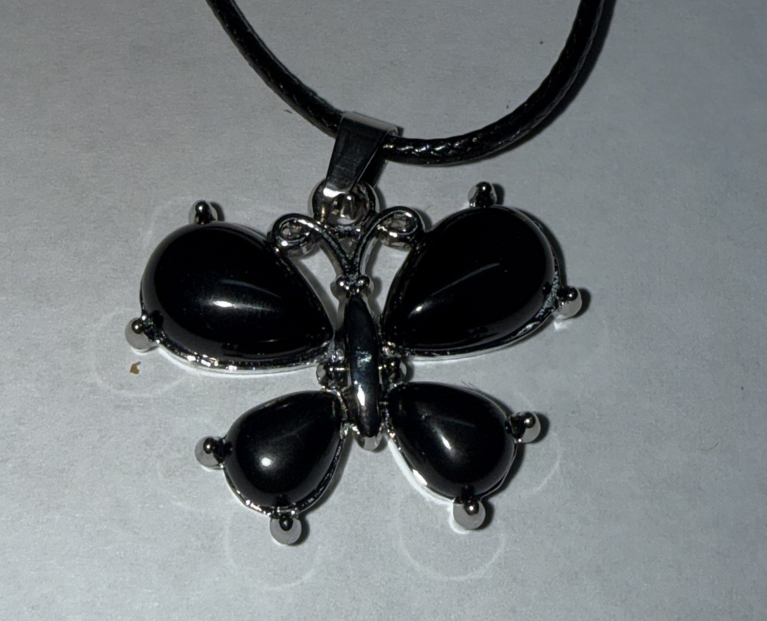Black Onyx Butterfly Pendant Necklace on 18" Faux Leather Cord – Boho Pendant