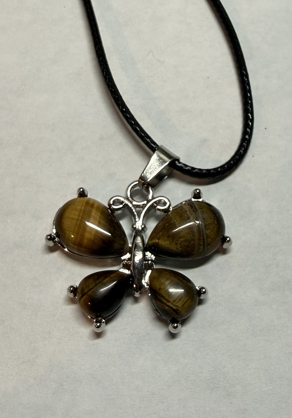 Tiger's Eye Butterfly Pendant Necklace on 18" Faux Leather Cord – Boho Pendant