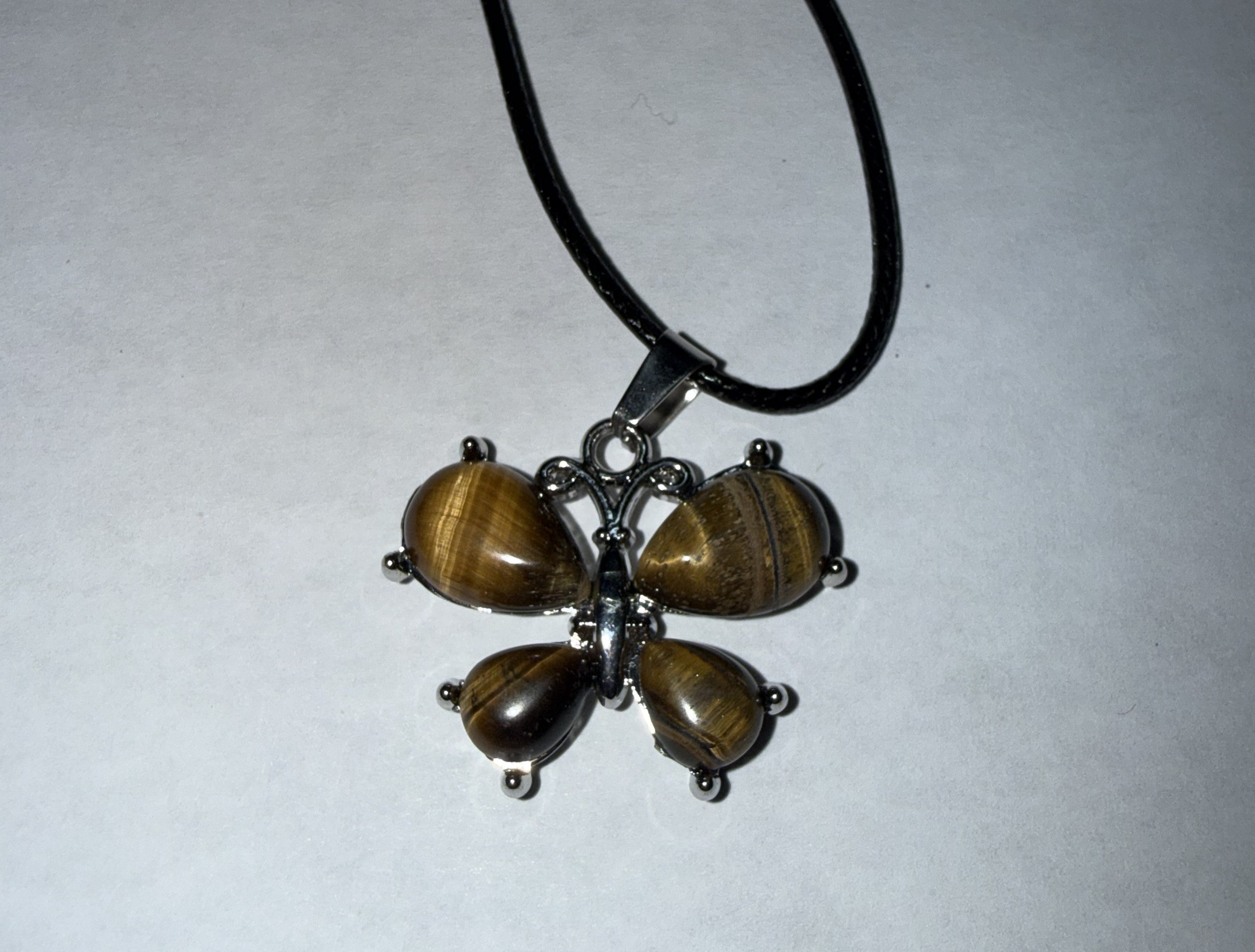 Tiger's Eye Butterfly Pendant Necklace on 18" Faux Leather Cord – Boho Pendant