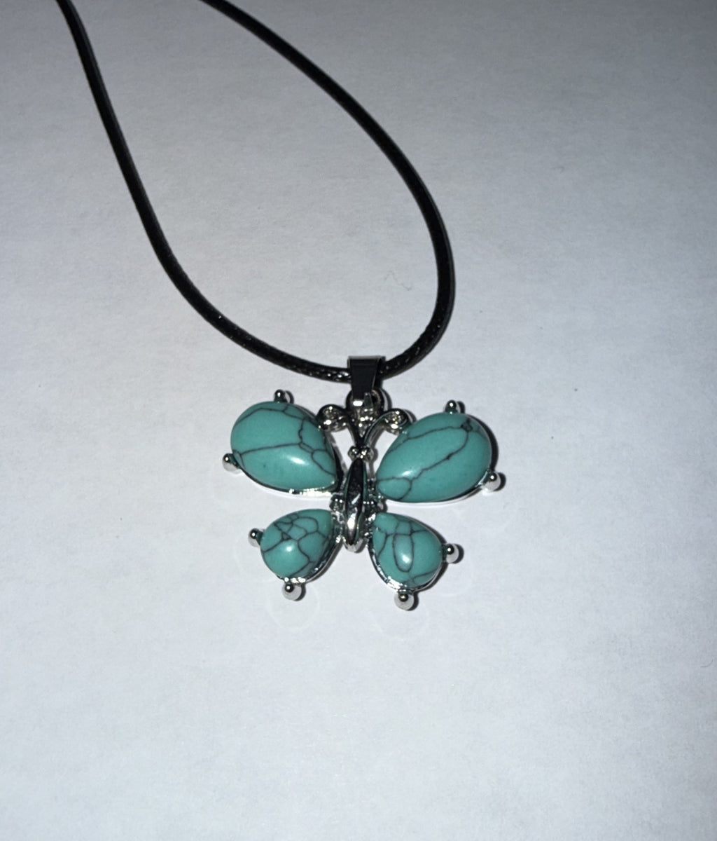 Turquoise Butterfly Pendant Necklace on 18" Faux Leather Cord – Boho Pendant