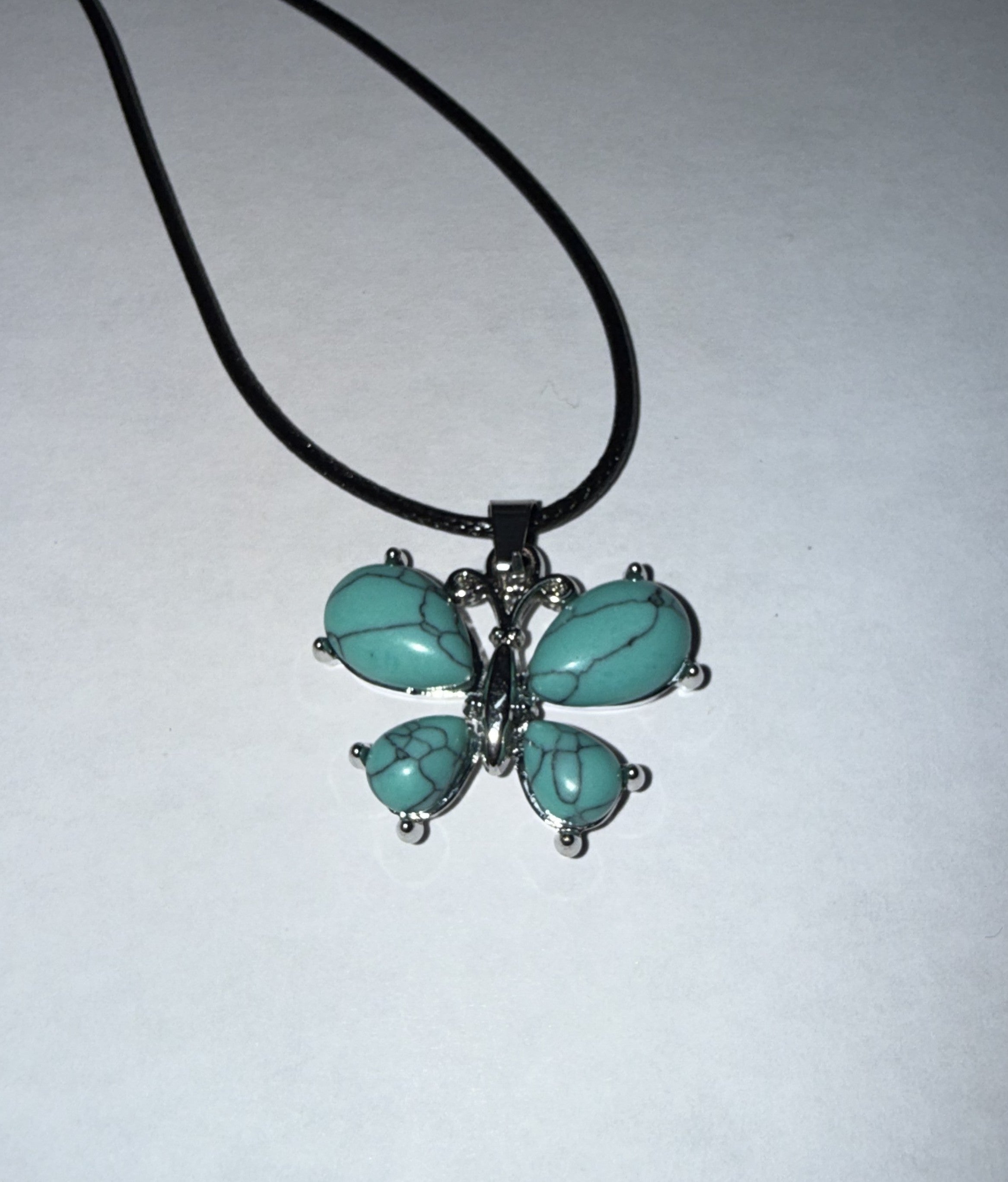 Turquoise Butterfly Pendant Necklace on 18" Faux Leather Cord – Boho Pendant