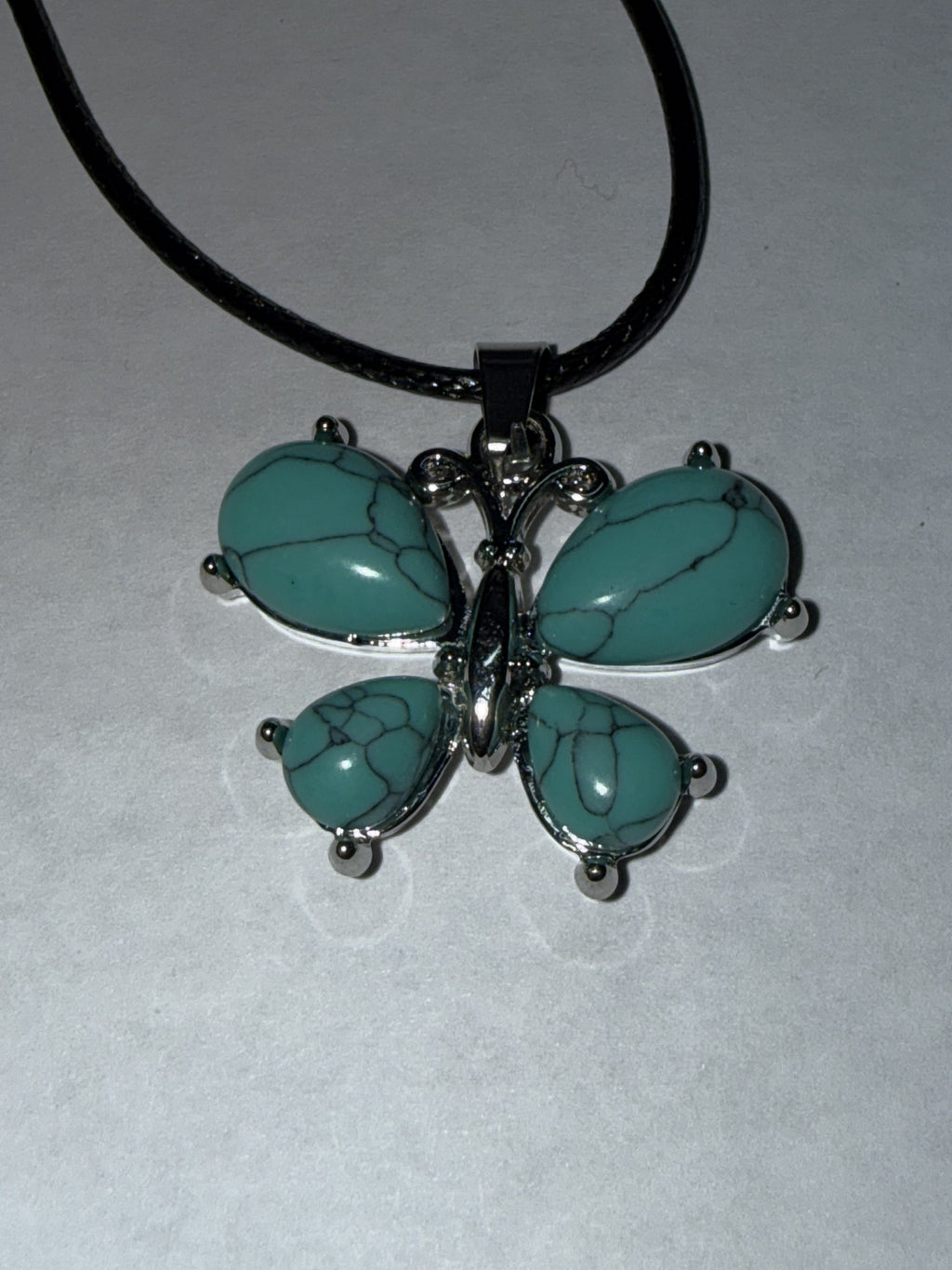 Turquoise Butterfly Pendant Necklace on 18" Faux Leather Cord – Boho Pendant