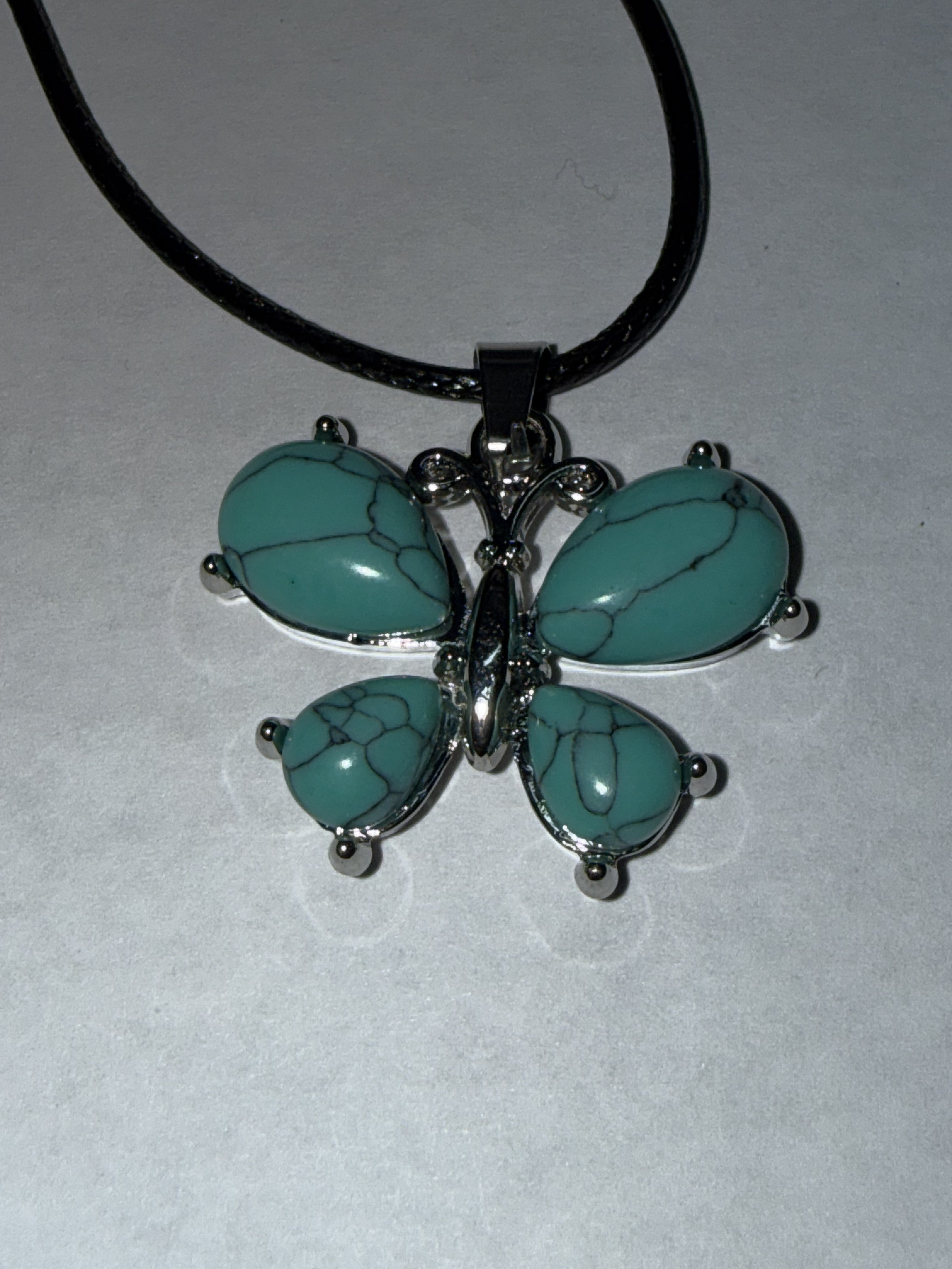 Turquoise Butterfly Pendant Necklace on 18" Faux Leather Cord – Boho Pendant