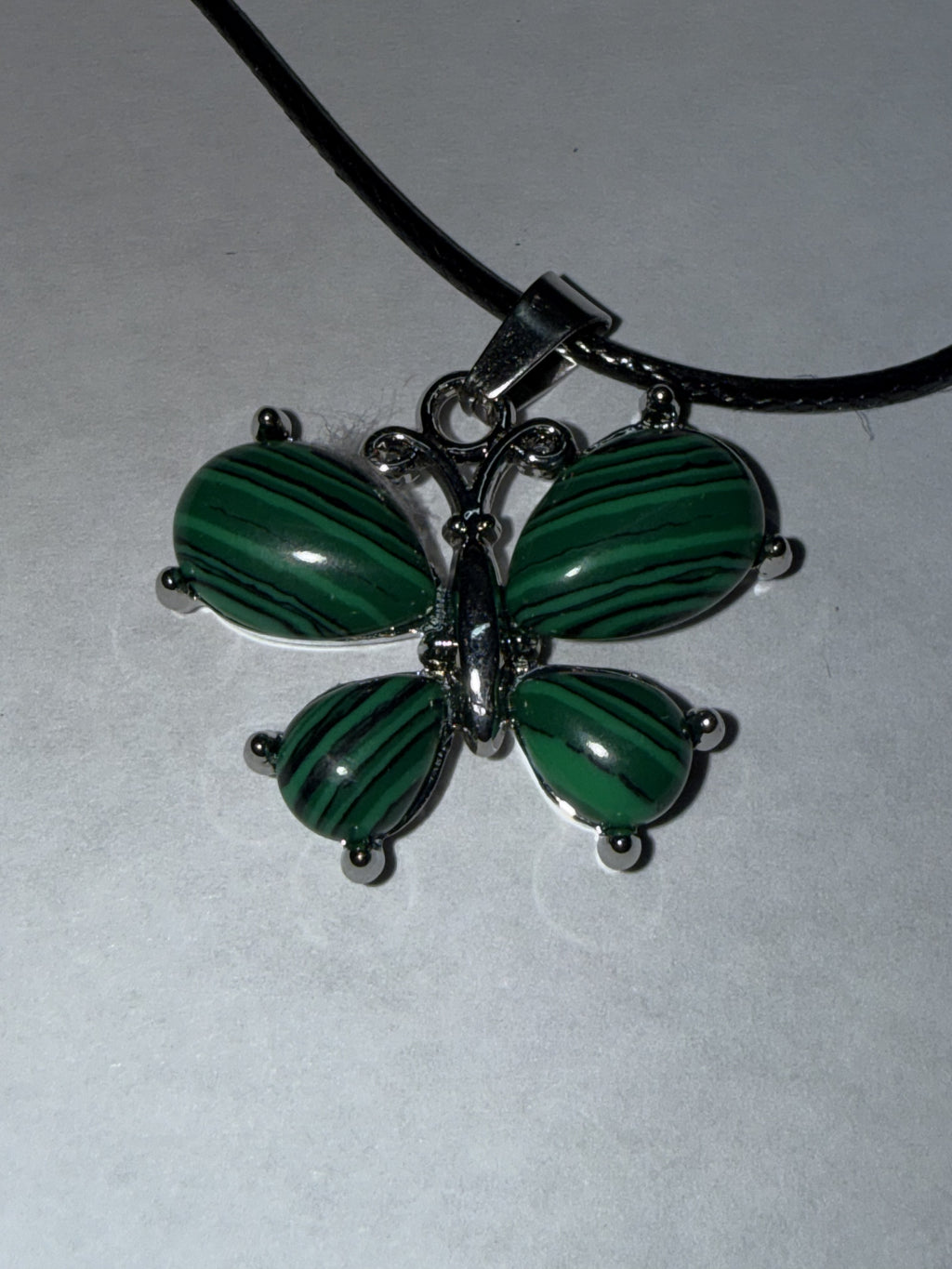 Green Malachite Butterfly Pendant Necklace on 18" Faux Leather Cord – Boho Pendant
