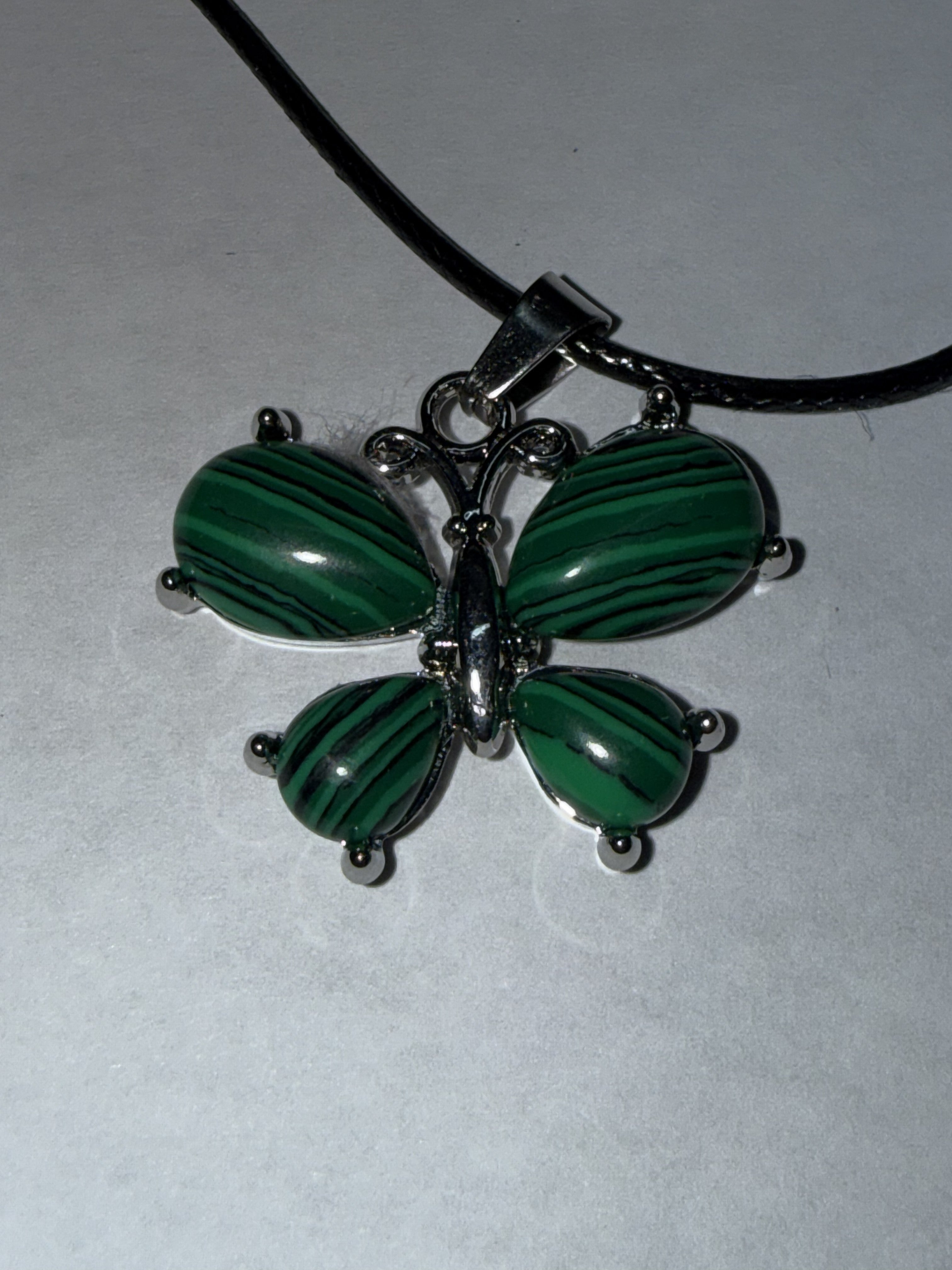Green Malachite Butterfly Pendant Necklace on 18" Faux Leather Cord – Boho Pendant