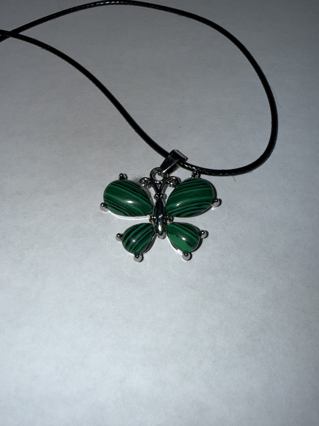 Green Malachite Butterfly Pendant Necklace on 18" Faux Leather Cord – Boho Pendant