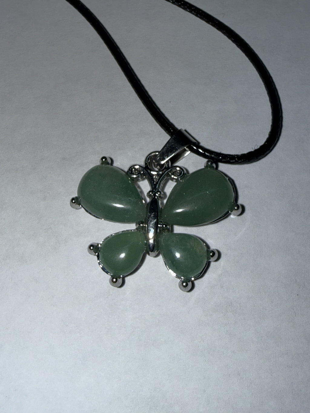 Green Aventurine Butterfly Pendant Necklace on 18" Faux Leather Cord – Boho Pendant