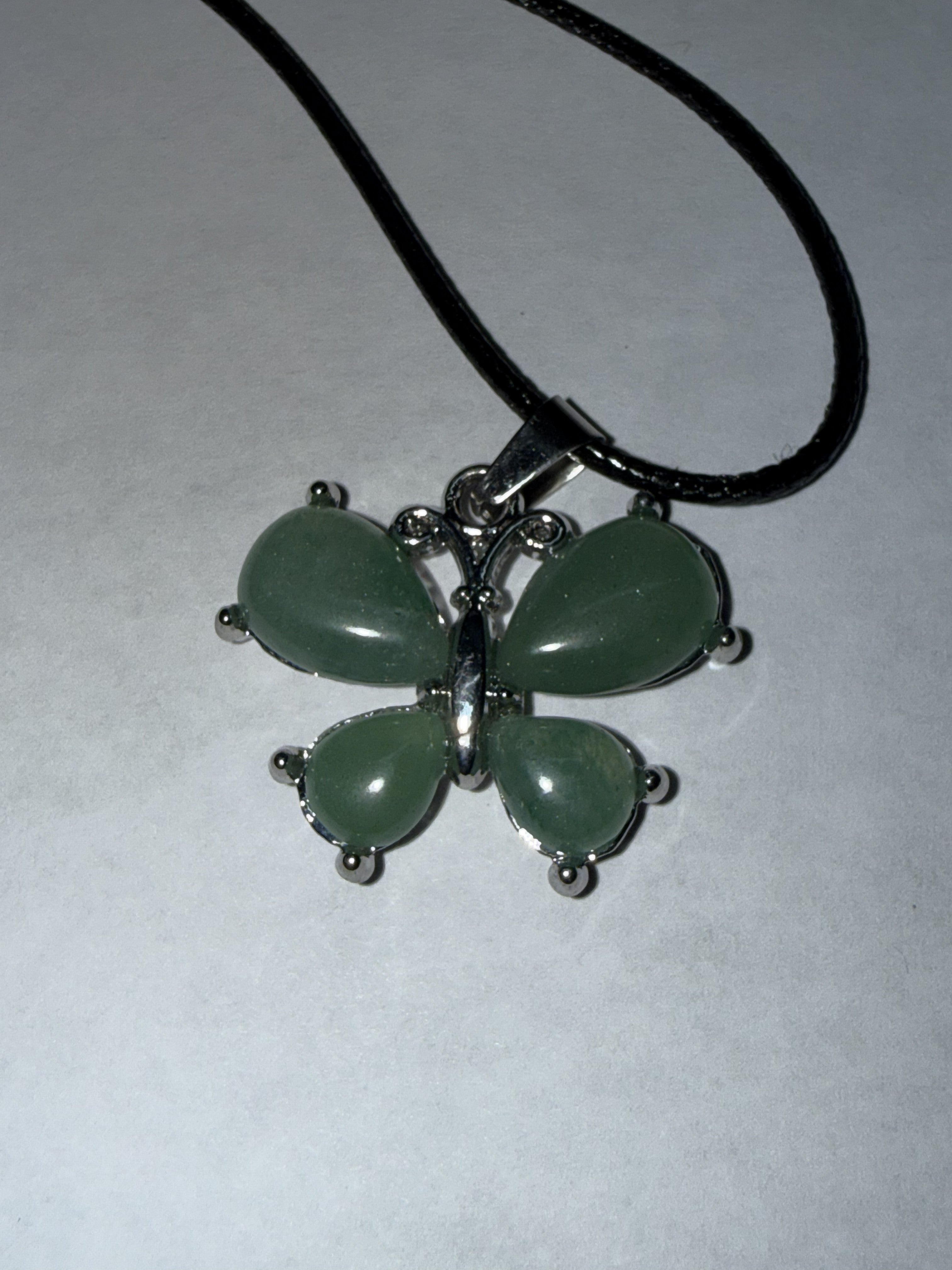 Green Aventurine Butterfly Pendant Necklace on 18" Faux Leather Cord – Boho Pendant