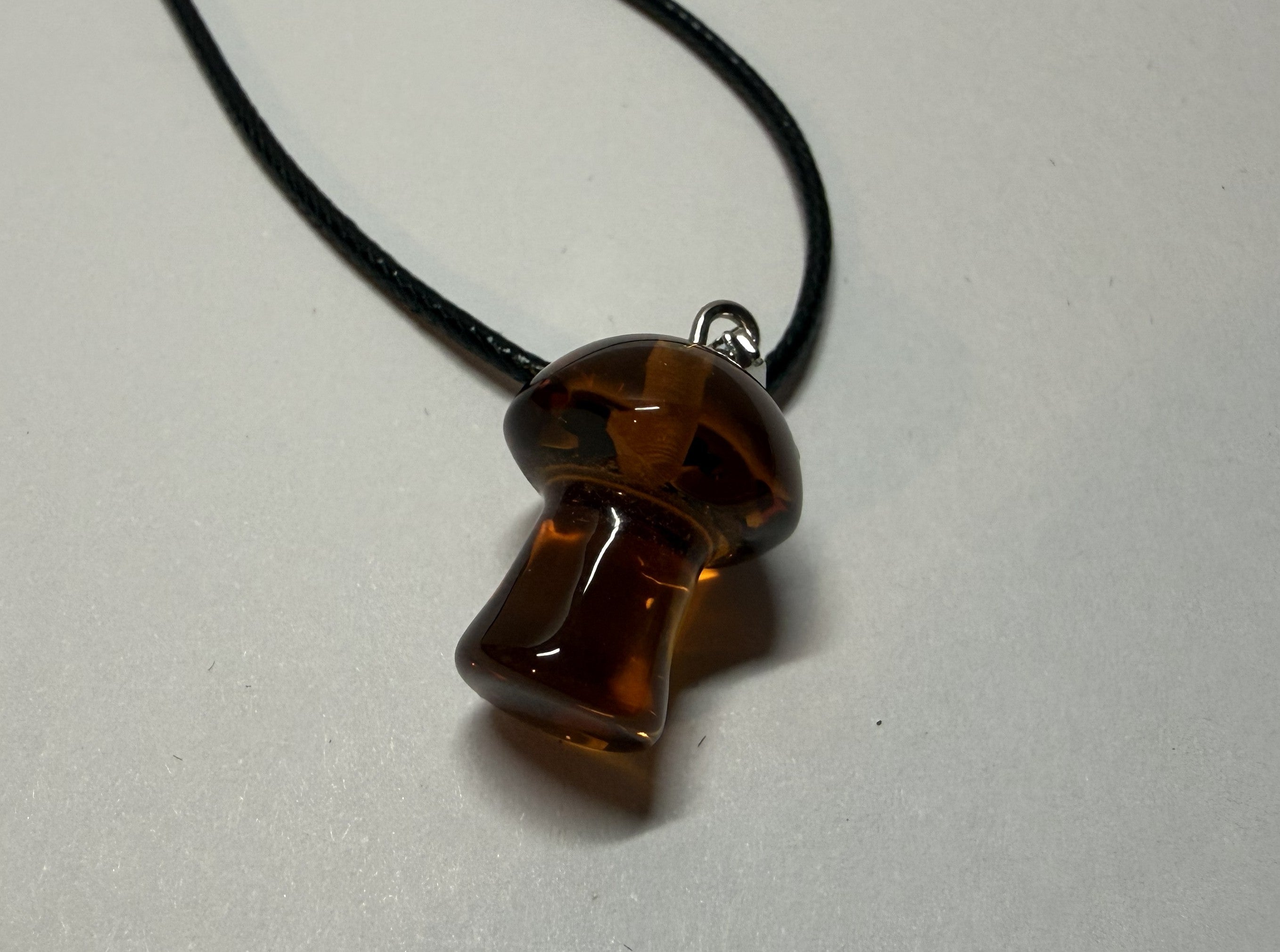 Amber Mushroom Pendant Necklace – 18" Faux Leather Cord | Cottagecore Nature Jewelry | Woodland Charm