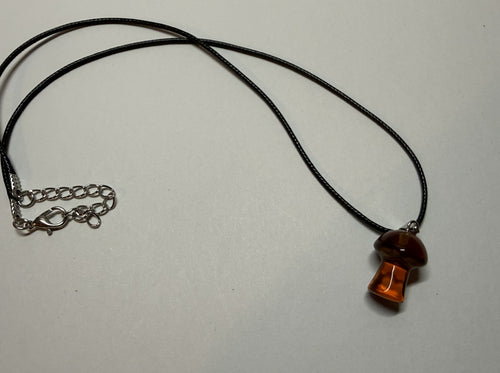 Amber Mushroom Pendant Necklace – 18" Faux Leather Cord | Cottagecore Nature Jewelry | Woodland Charm