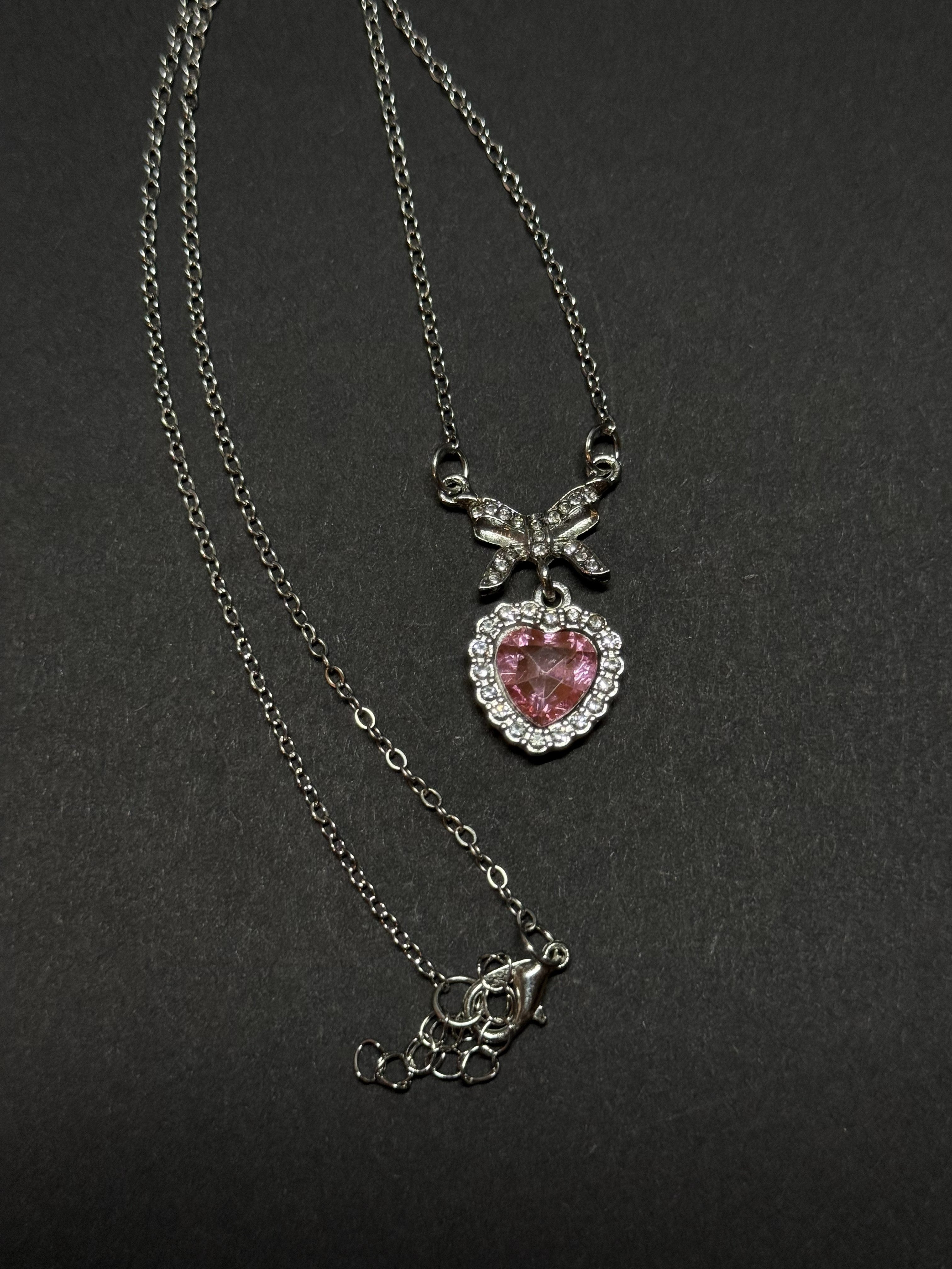 Pink Heart Pendant Necklace with Bow – 18” Chain
