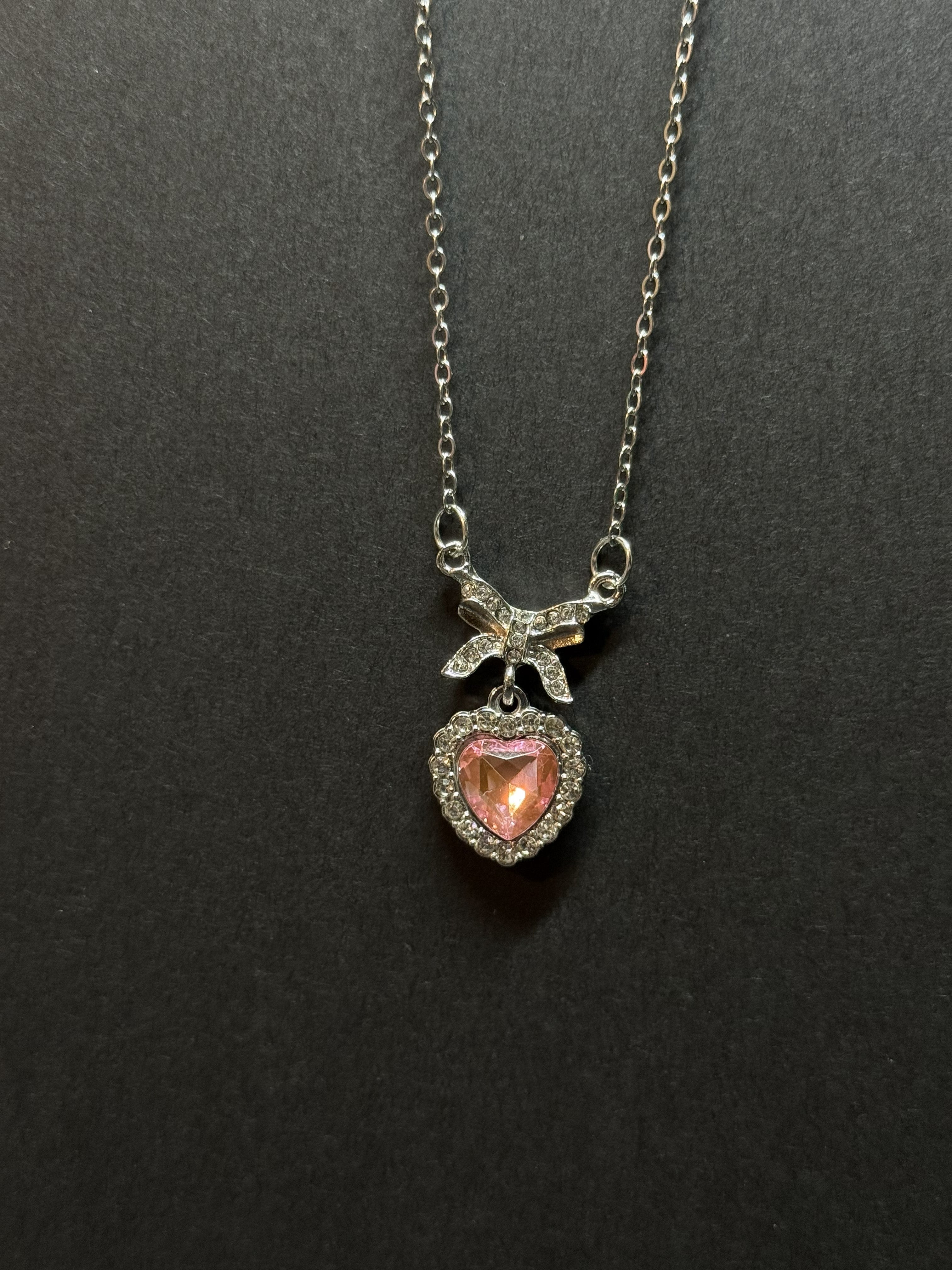 Pink Heart Pendant Necklace with Bow – 18” Chain