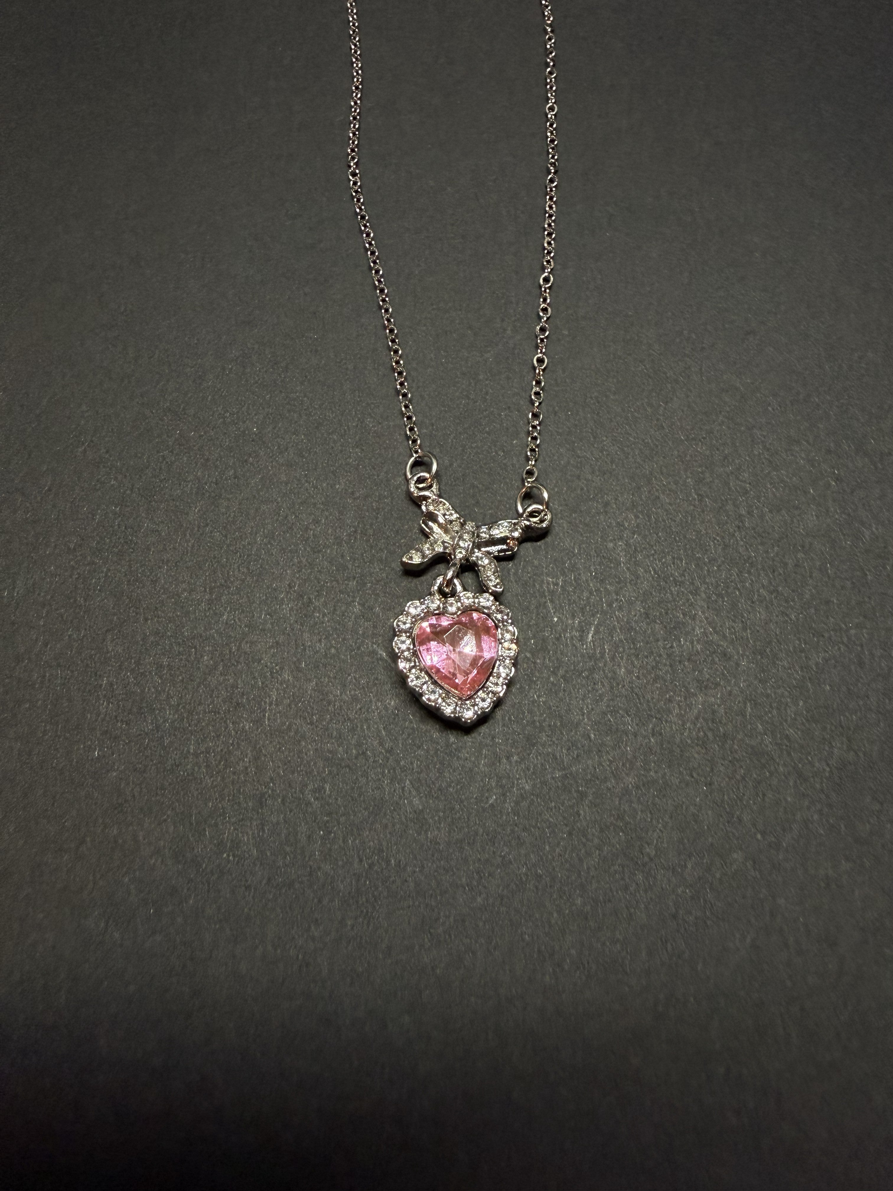 Pink Heart Pendant Necklace with Bow – 18” Chain