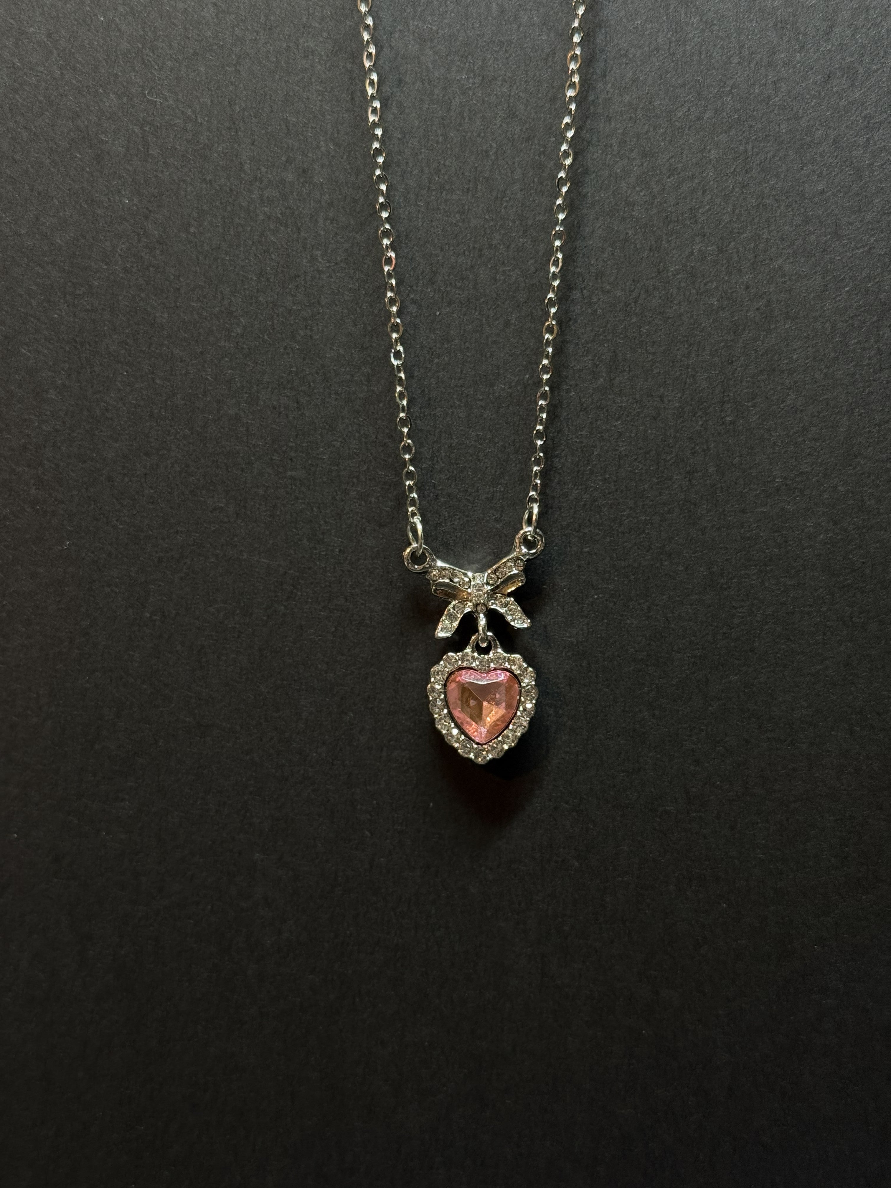 Pink Heart Pendant Necklace with Bow – 18” Chain