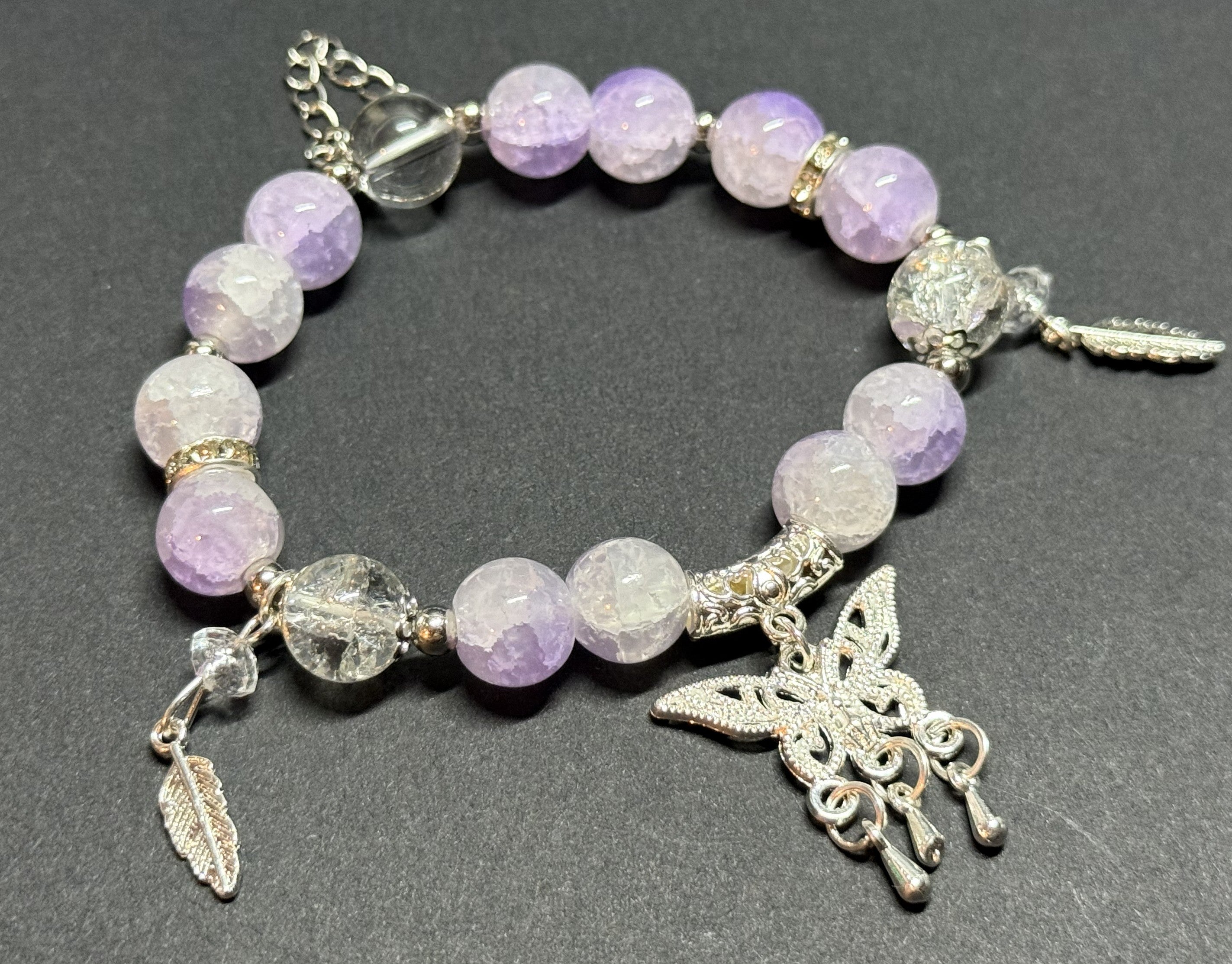 Lavender Beaded Butterfly Charm Bracelet – Stretch Fit