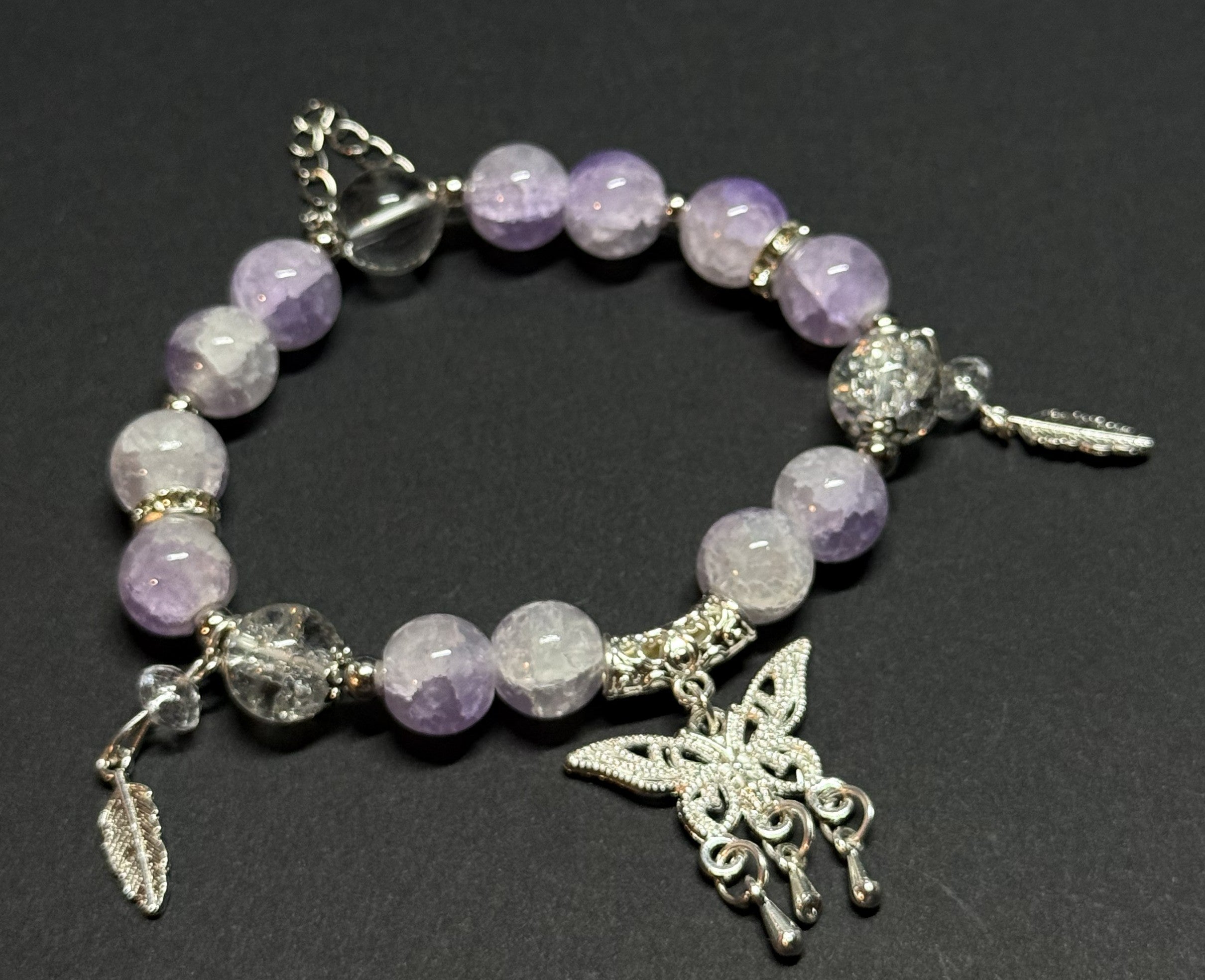 Lavender Beaded Butterfly Charm Bracelet – Stretch Fit