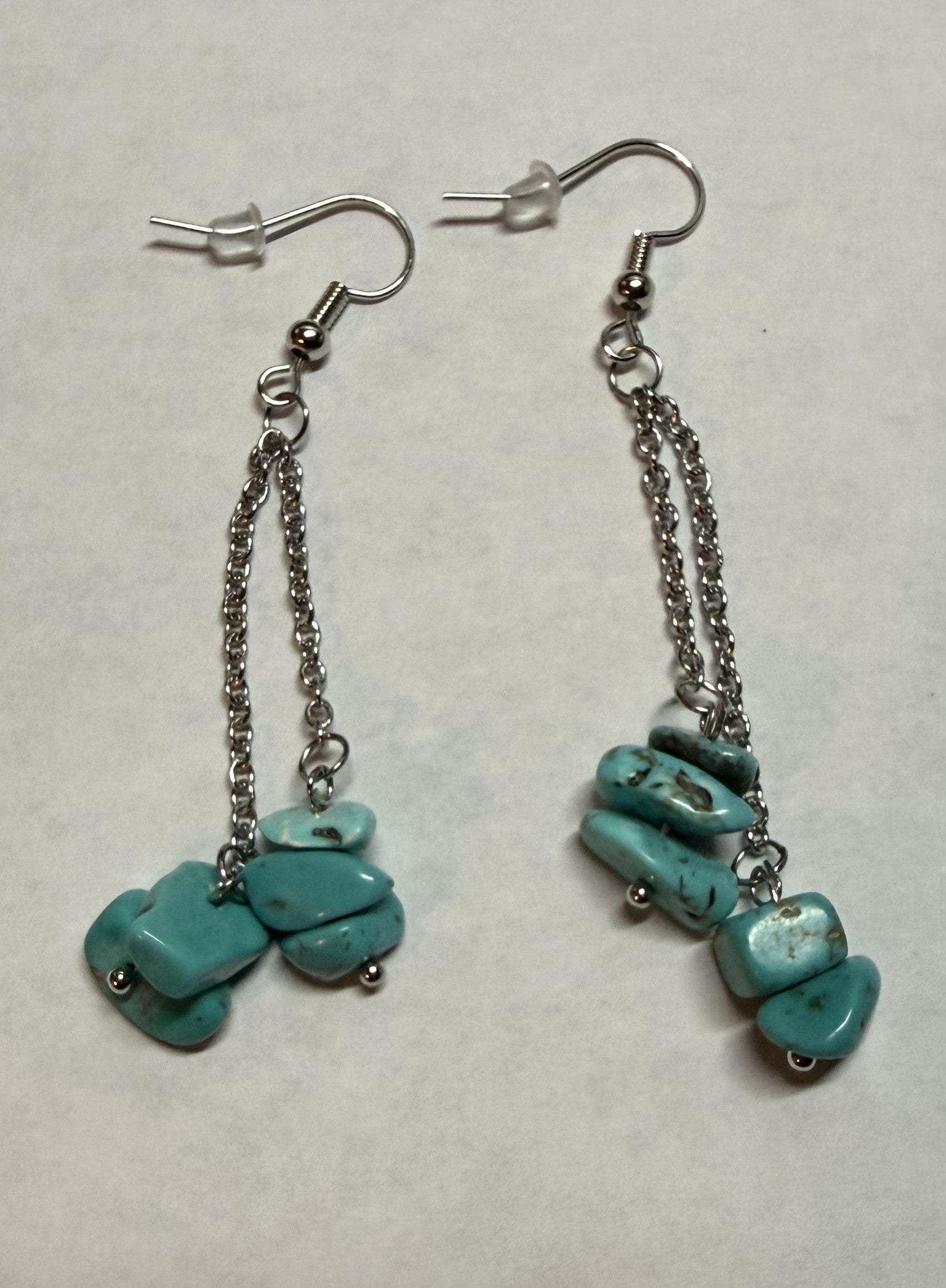 Turquoise Stone Dangle Earrings – Silver Tone Chain Drop Earrings